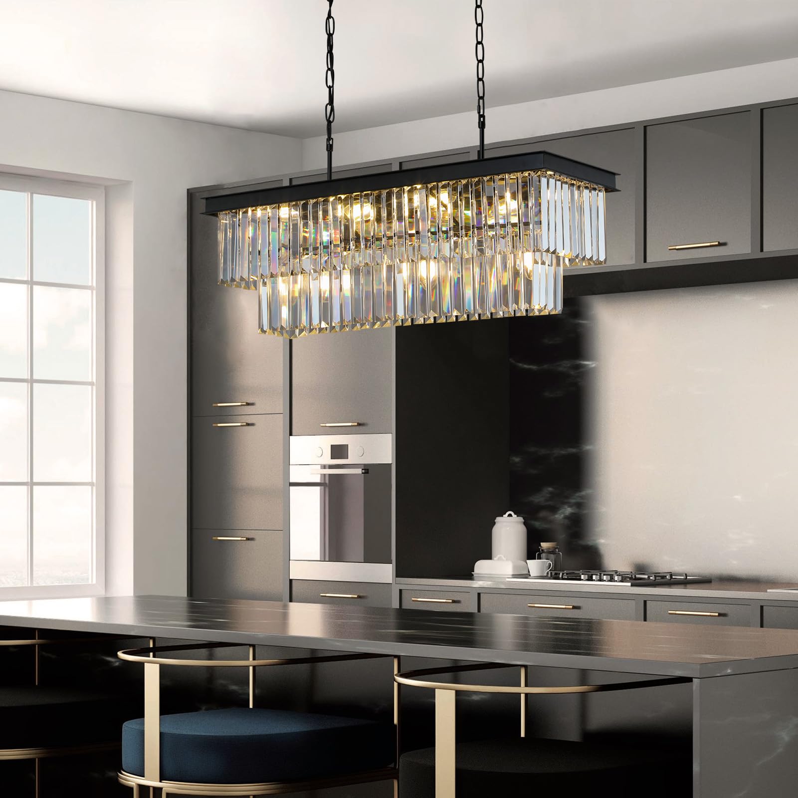 Weesalife 11-Light Black Crystal Chandelier for Dining Room, 33.5in Rectangle Pendant Light Fixture, Metal