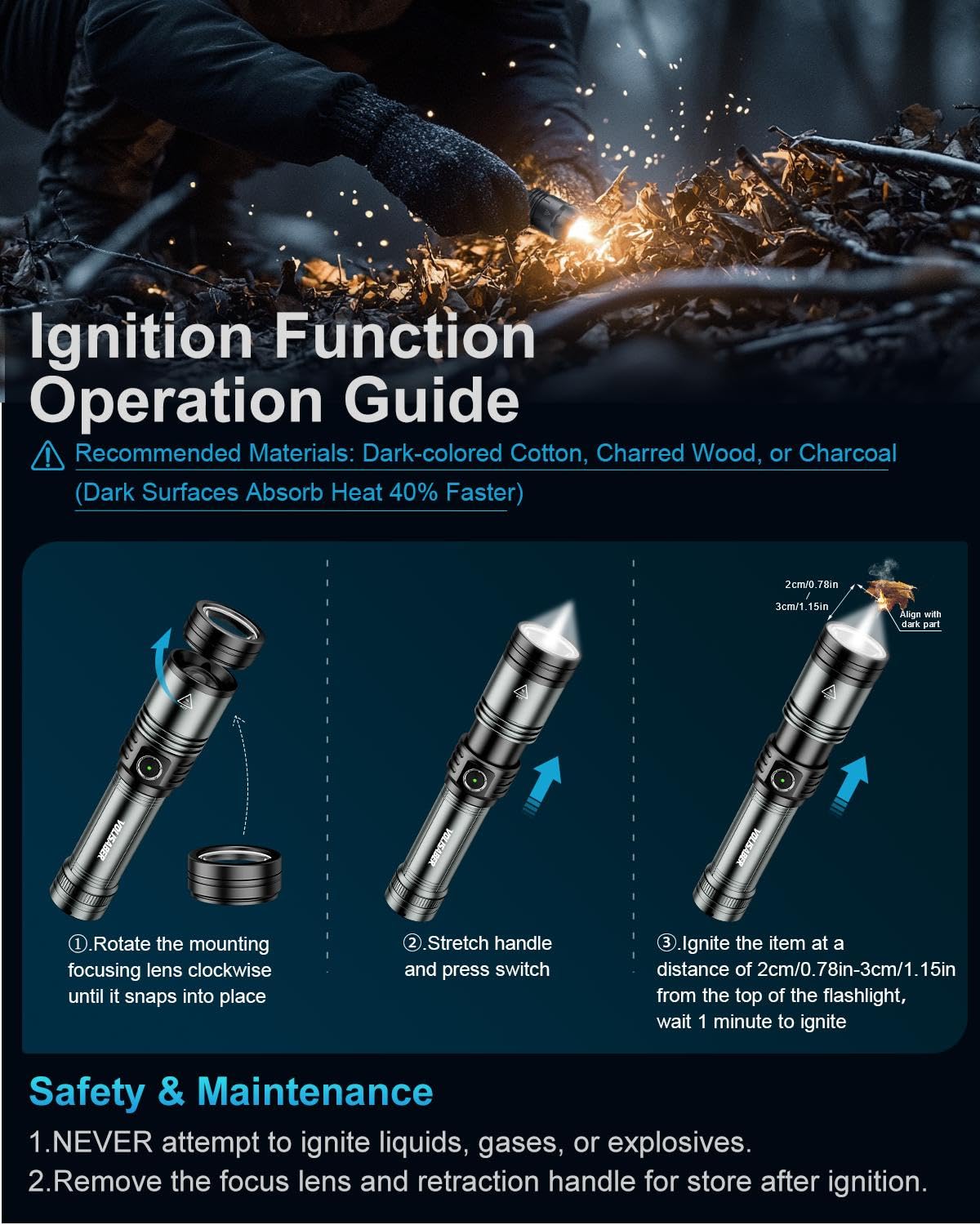 VOLISABER Flashlight Rechargeable 1500 High Lumens with Ignition Lens, LED Super Bright Zoomable Flash Light, 5 Modes Waterproof