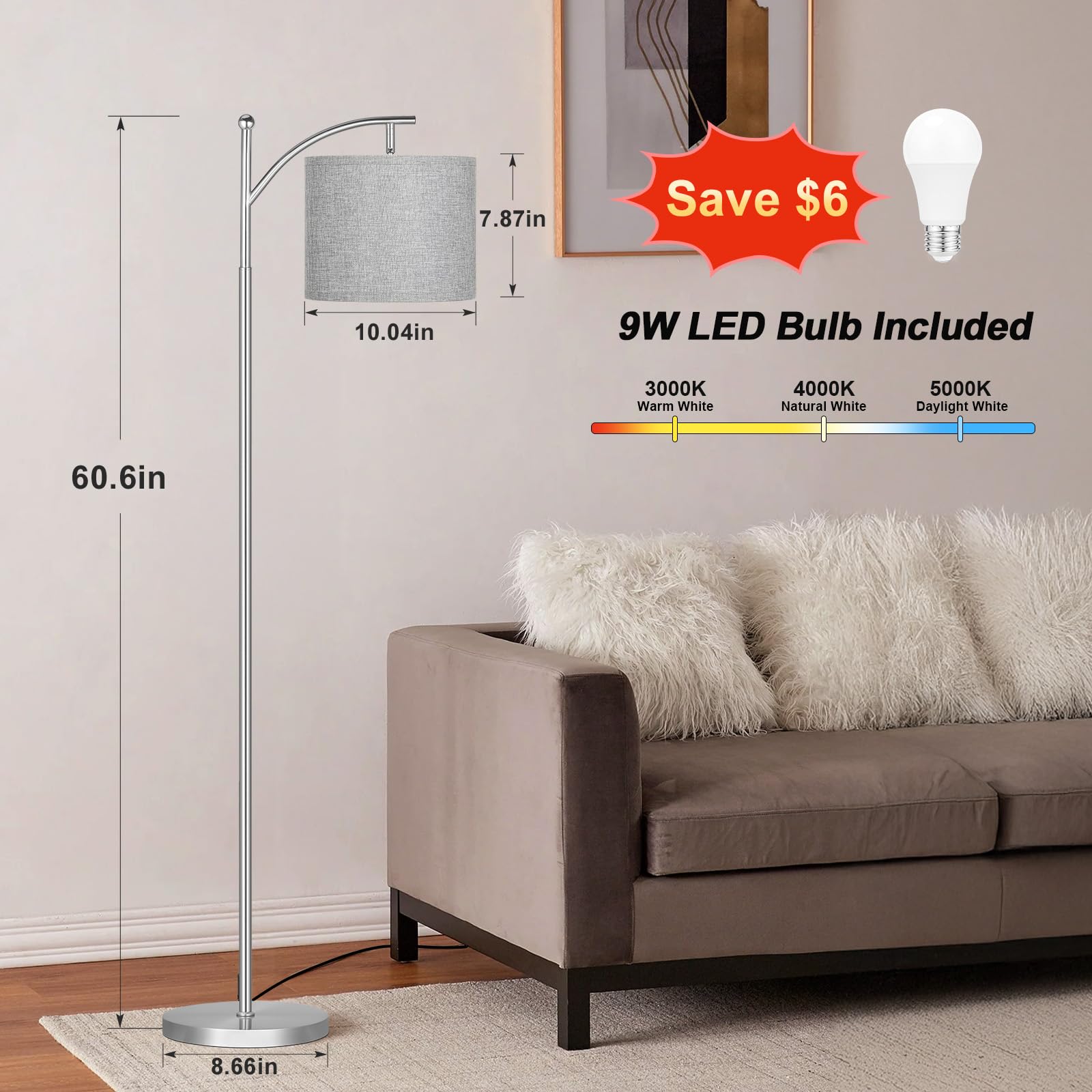 60&quot; Floor Lamps For Living Room With 3 Color Temperatures, Adjustable Grey Shade With Silver Pole, Tall Lamps For Living Room Bedroom Office Classroom Dorm Room, 9W Bulb Included