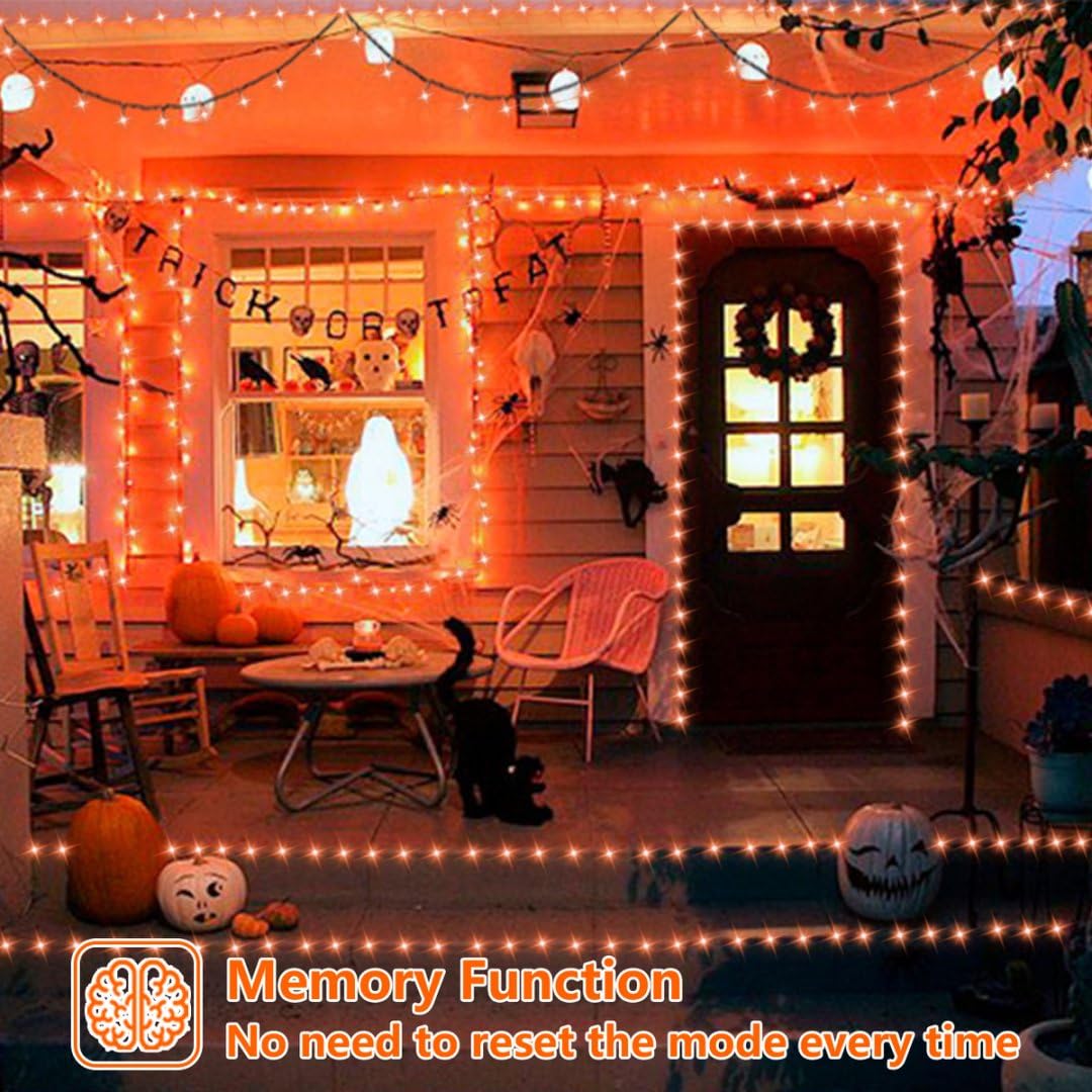 Qitong Orange Solar String Lights For Outside, 2 Pack Each 66Ft 200 Led Halloween Lights Outdoor Waterproof, Green Wire Christma