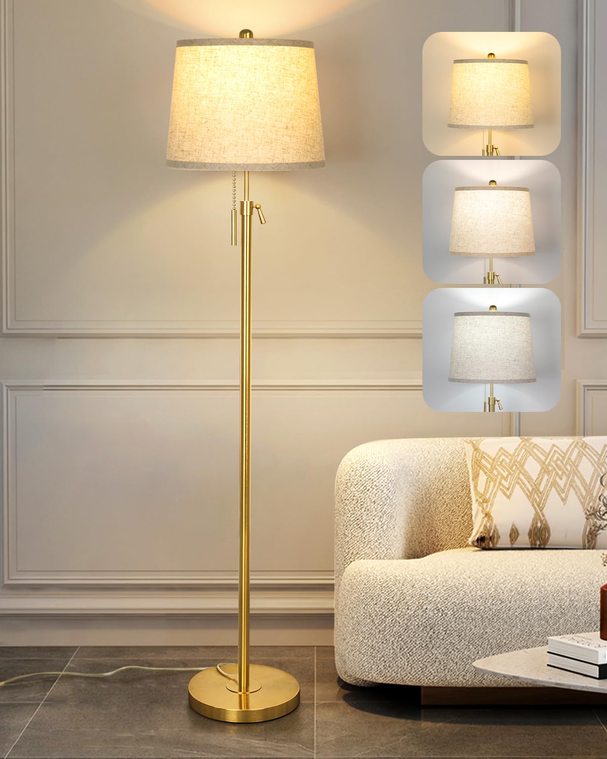 Gold Floor Lamp For Living Room 55-65'' Adjustable Modern Brass Standing Lamp With Pull Chain Tall Pole Light With Beige Shade F