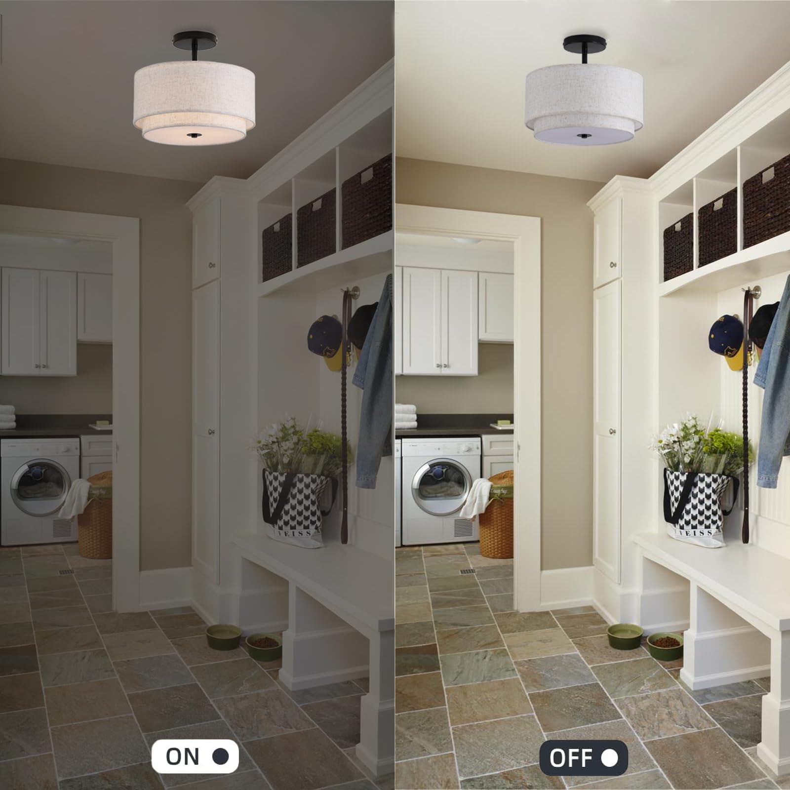 Vexagyle 12.6Inch Flush Mount Ceiling Light Fixture,3-Light Modern Close To Ceiling Light With 2-Layer Linen Fabric Shade,Farmho