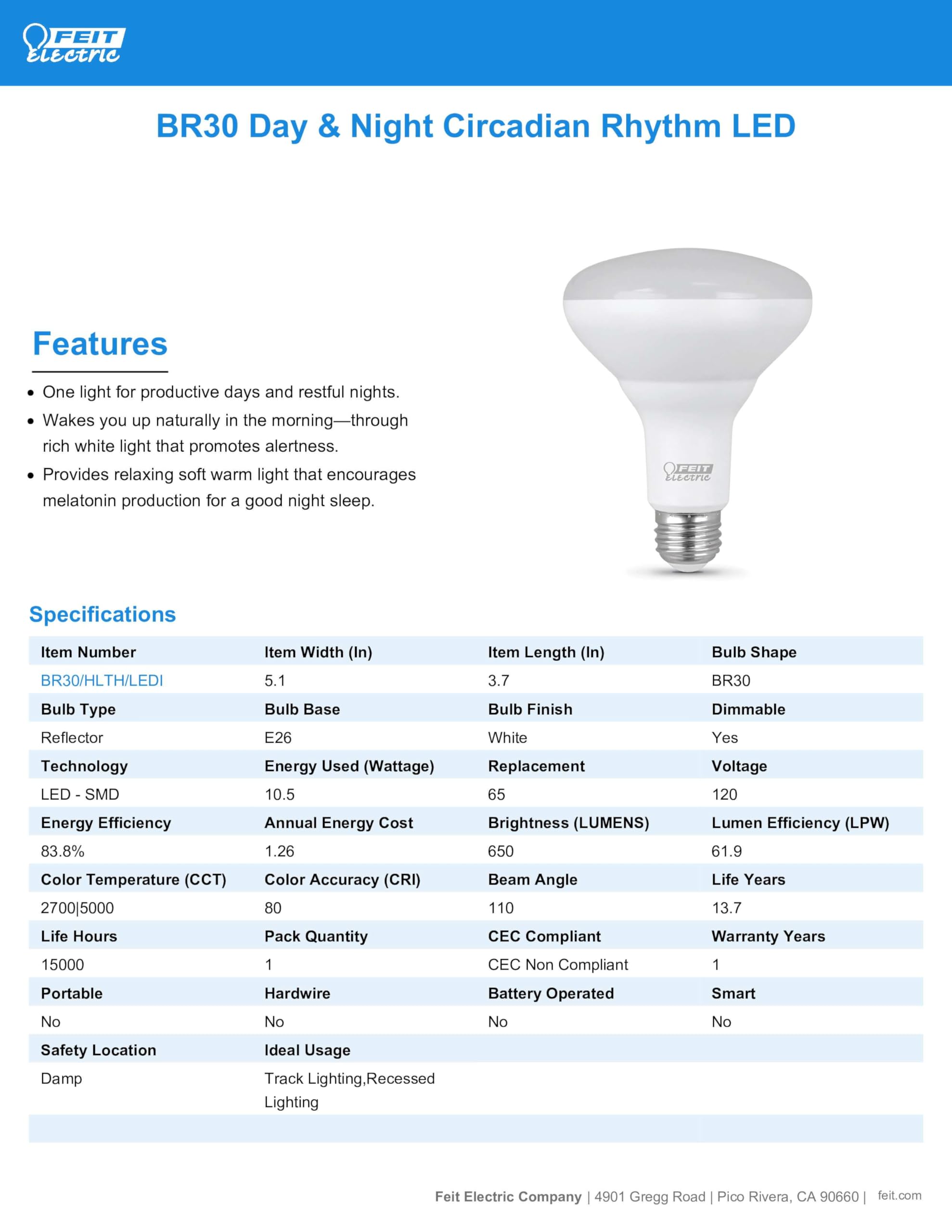 Feit Electric BR30 LED Light Bulb 65W Equivalent 650 Lumens 15 Year Life Soft White 2700K & Daylight 5000K Model BR30/HLTH/