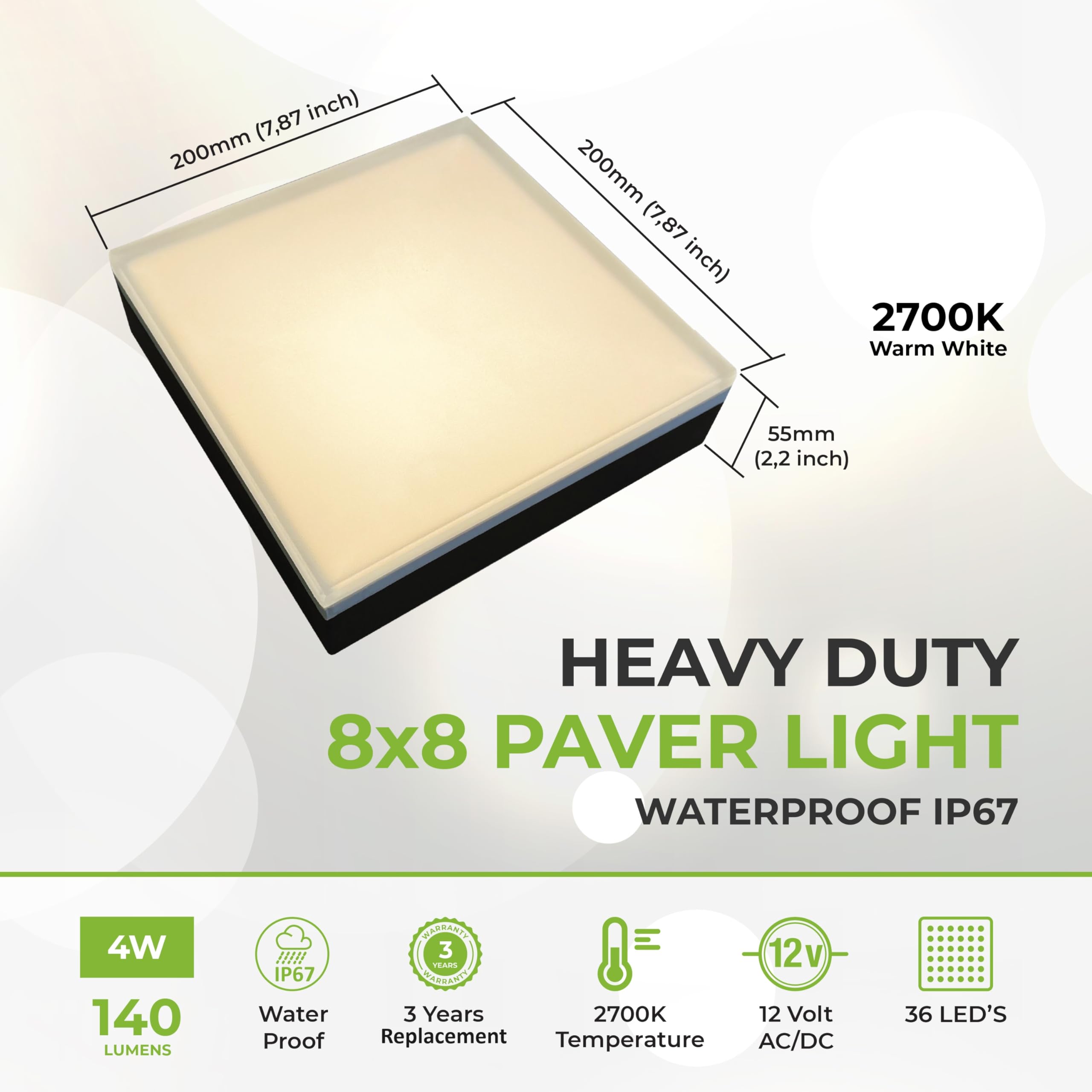 Lumengy Paver Light 8  8 Inch, Warm White Glare-Free Illumination For Driveways, Pathways, Pool Deck & Patios, 2700K Warm White,