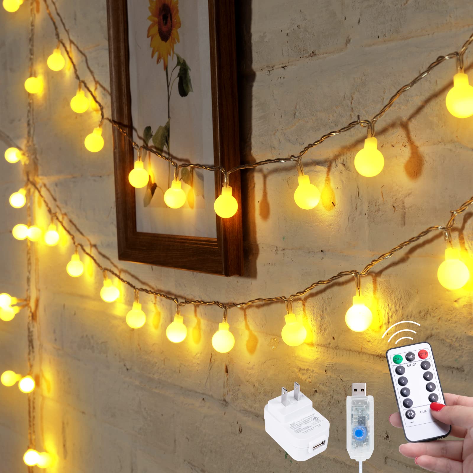 Minetom 100 LED Globe String Lights, 33Ft Warm White, USB Powered, 8 Modes, Indoor/Outdoor Decor, Model 100L
