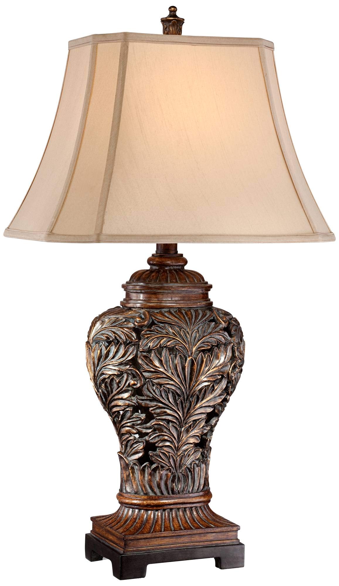 Barnes and Ivy Leafwork Vase Table Lamp - 32.5" Tall, Brown Wood Finish, Tan Shade, Traditional Style for Living Room, Bedroom, Office