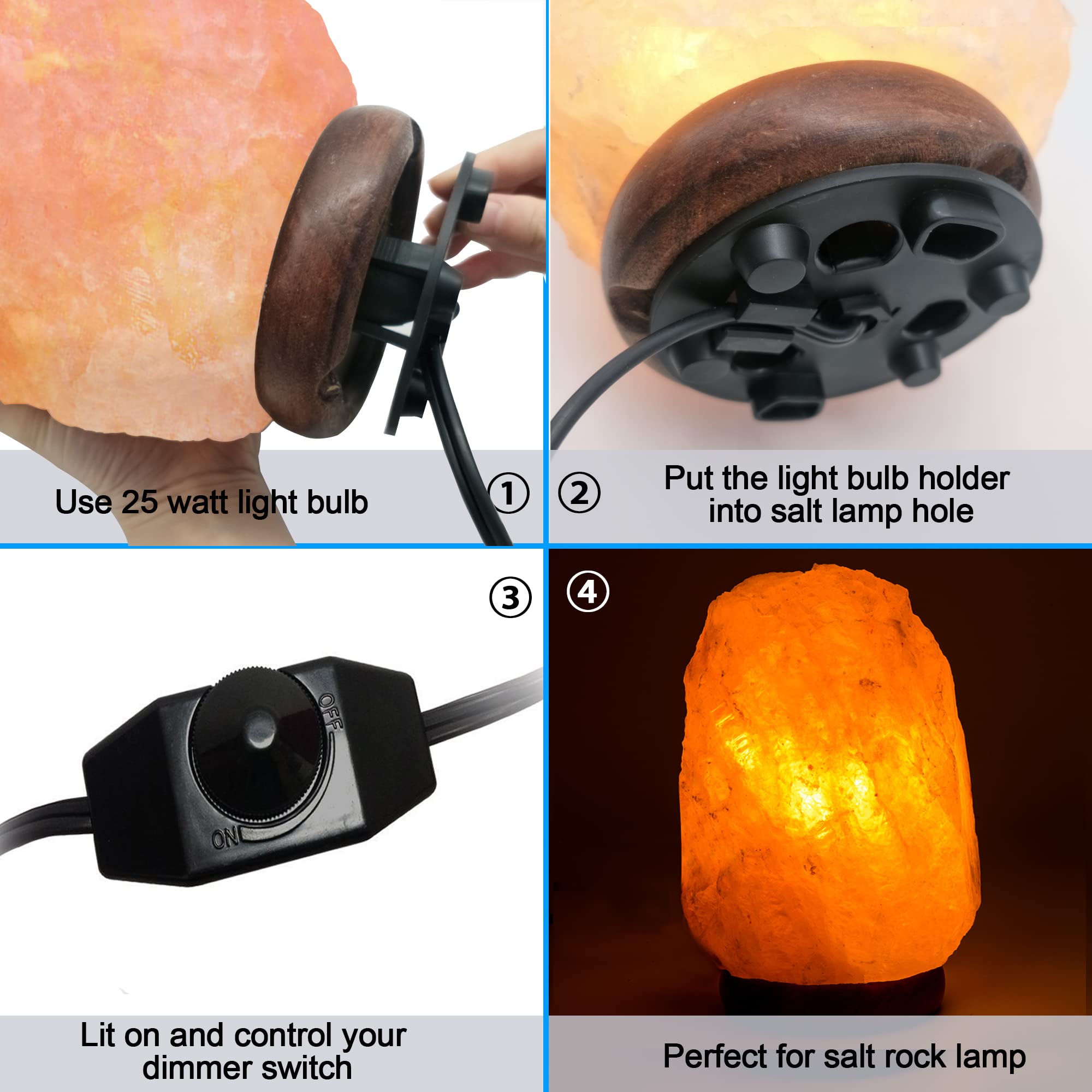 Haraqi Himalayan Salt Lamp Cords (6Ft) With Dimmer Switch,Original Replacement Cords With Base Assembly(3.34 Inches) And 25 Watt