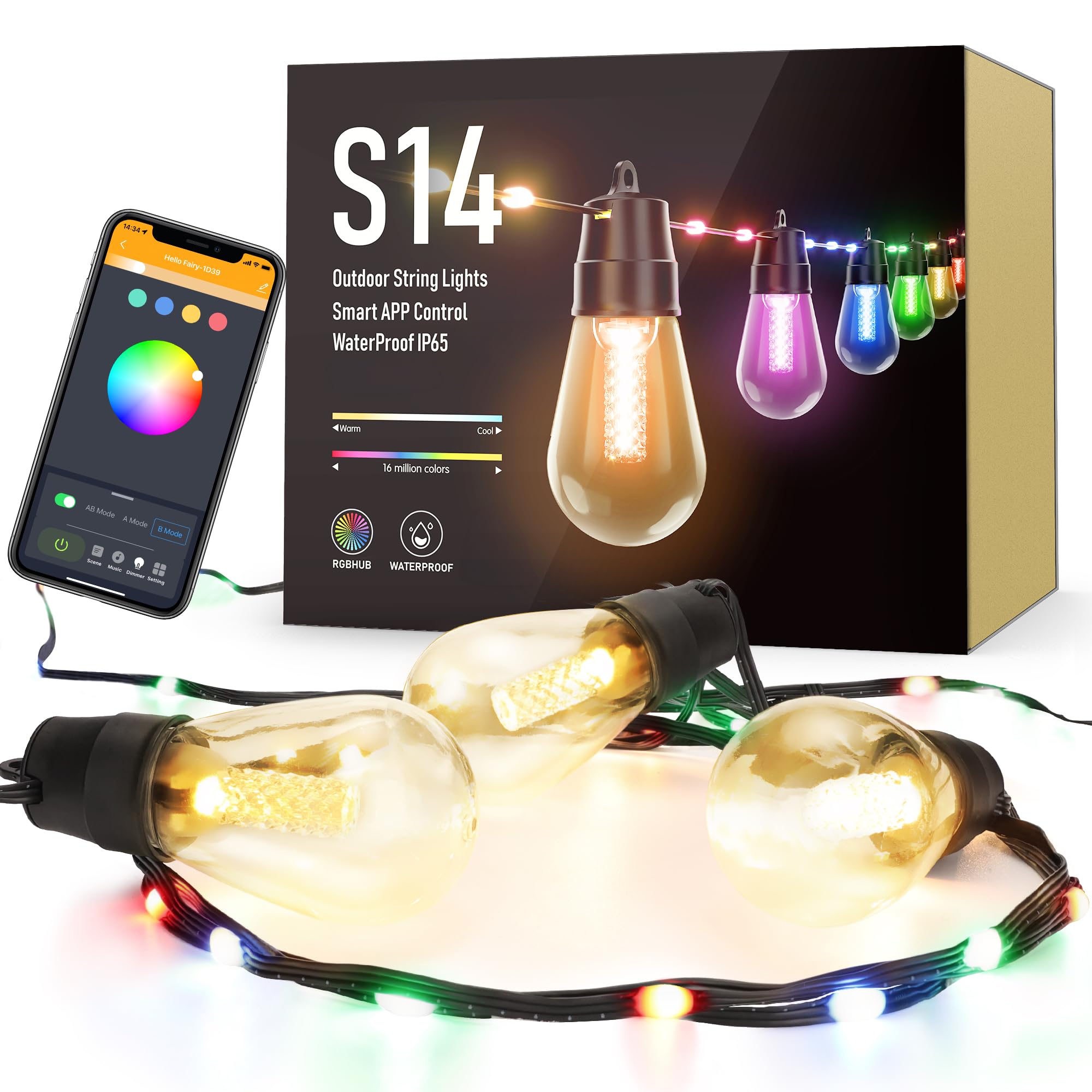 Flacchi Smart S14 Outdoor Patio Lights - 46ft Waterproof RGB & Warm White String Lights, Bluetooth Control, Shatterproof