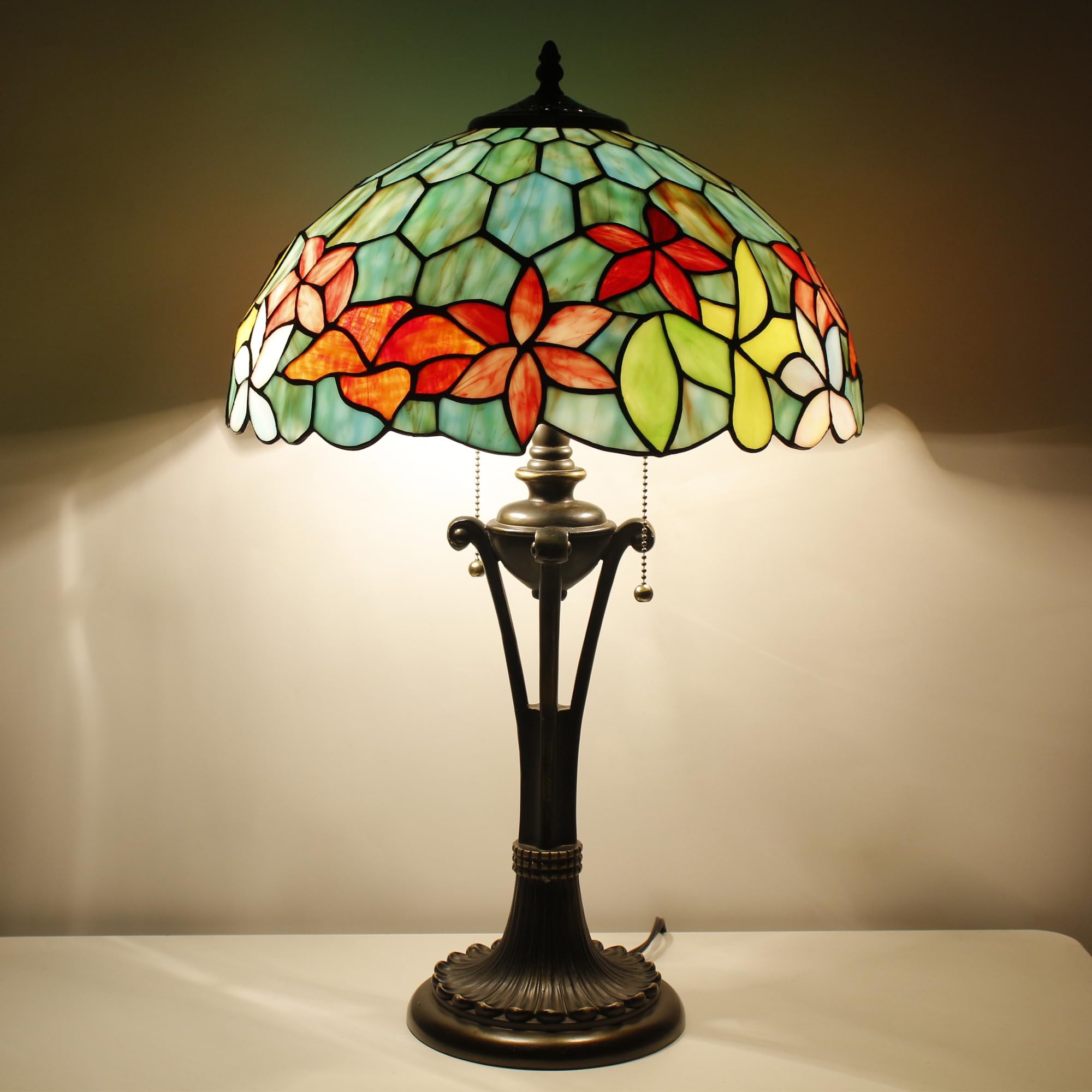 L-Juicwe Tiffany Table Lamp Red Yellow Green Flowers Stained Glass Desk Lamp 16X16X24 Inches Reading Light
