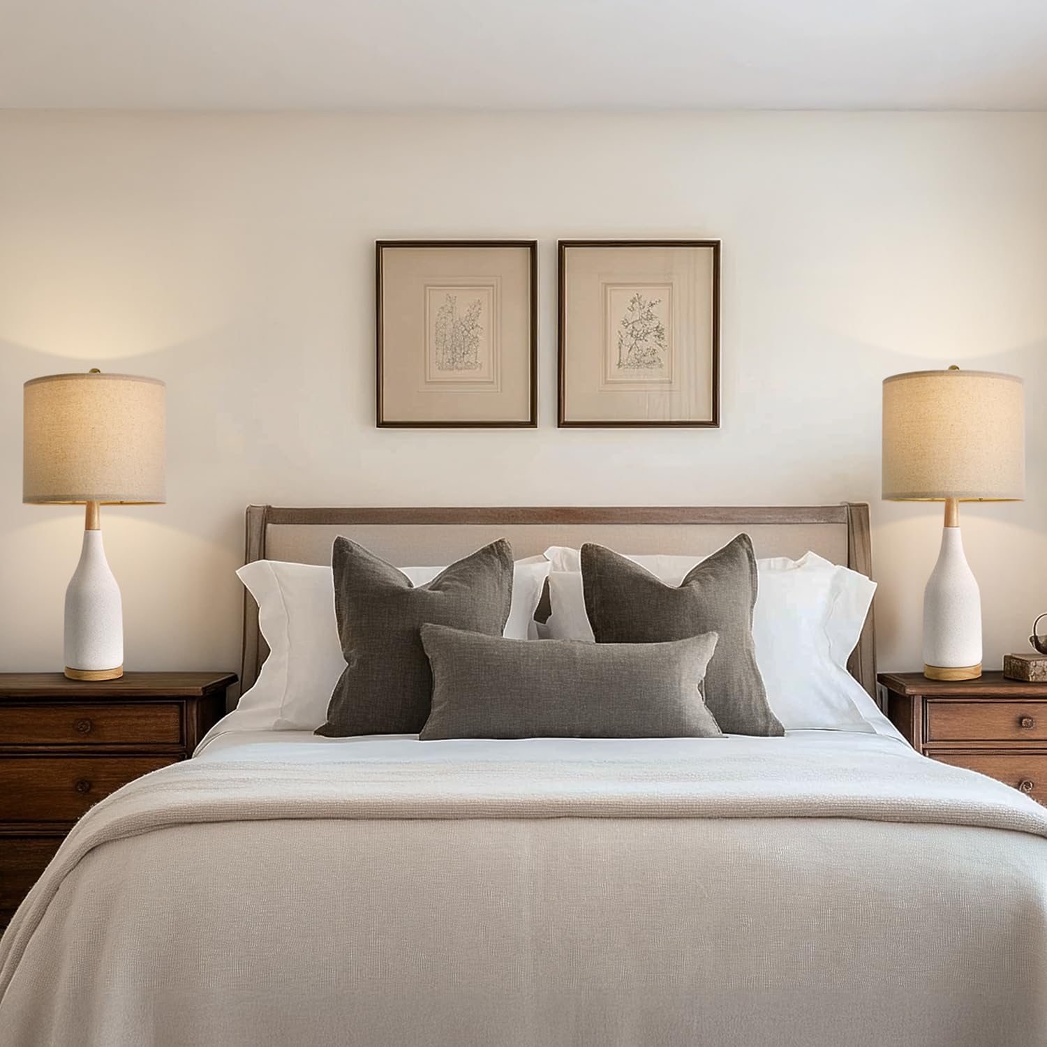 Portres 27 Ceramic Table Lamps For Bedroom Living Room Vintage Lamp Set Of 2 Bedside Nightstand Lamp Large Farmhouse Rustic Boho Retro Modern Table Lamp Light Home Office Desk Deco Gifts  White