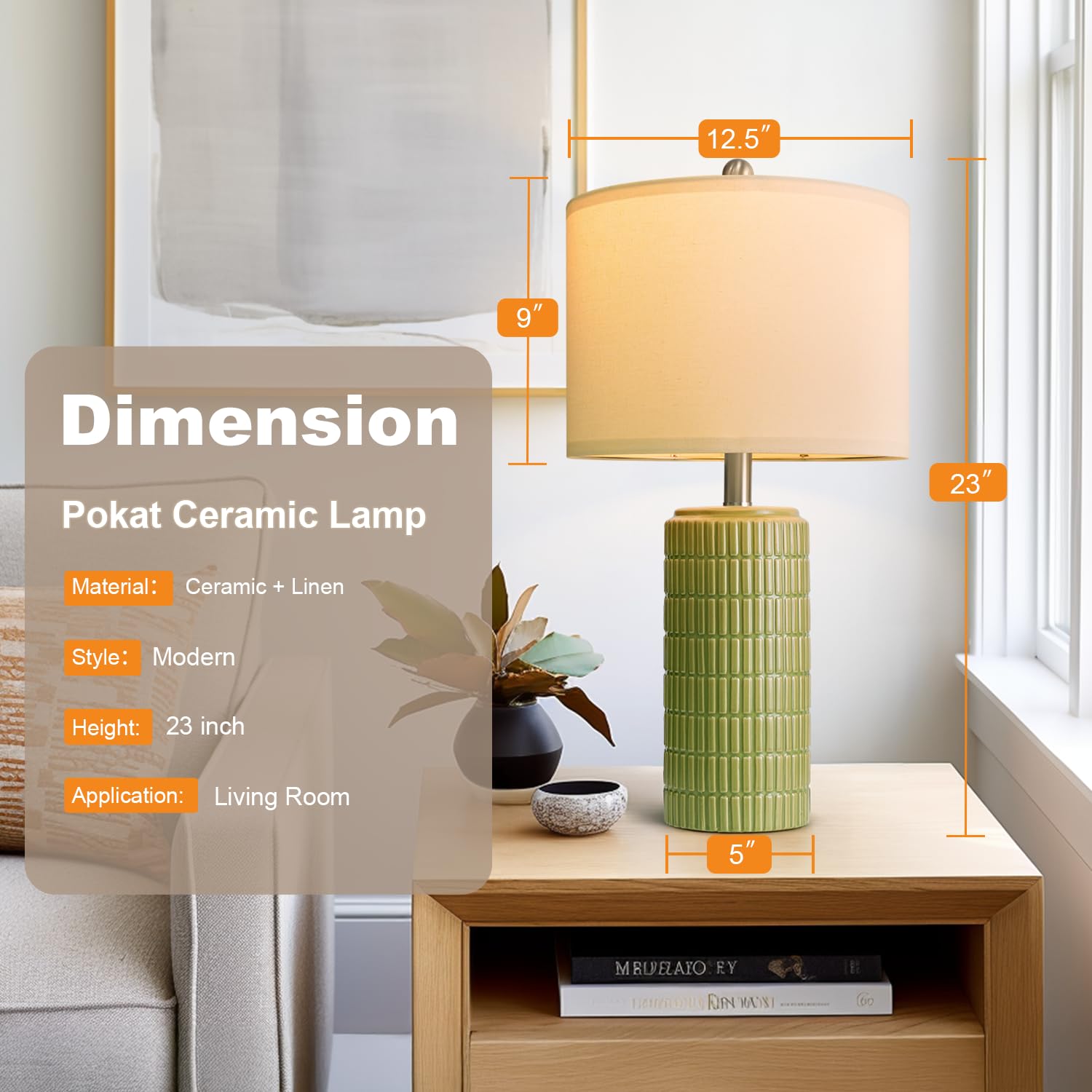 Pokat 23'' Green Ceramic Table Lamps Set Of 2, Farmhouse Table Lamps For Living Room, Modern Lamps For Bedroom Night Stands, Tra