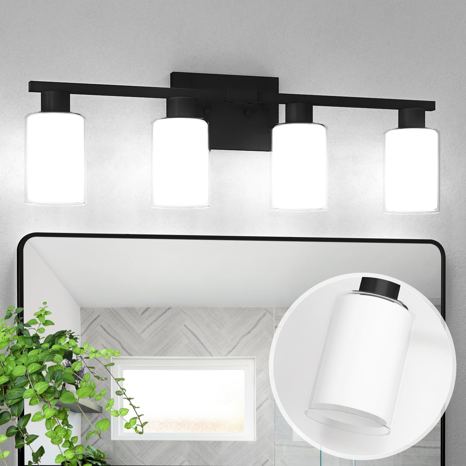 Zhizenl Bathroom Light Fixtures Over Mirror, 4 Lights Matte Black Vanity Lights With White Glass And Clear Glass Lampshade, Modern Black Bathroom Vanity Lights, Bath Wall Sconces Lighting