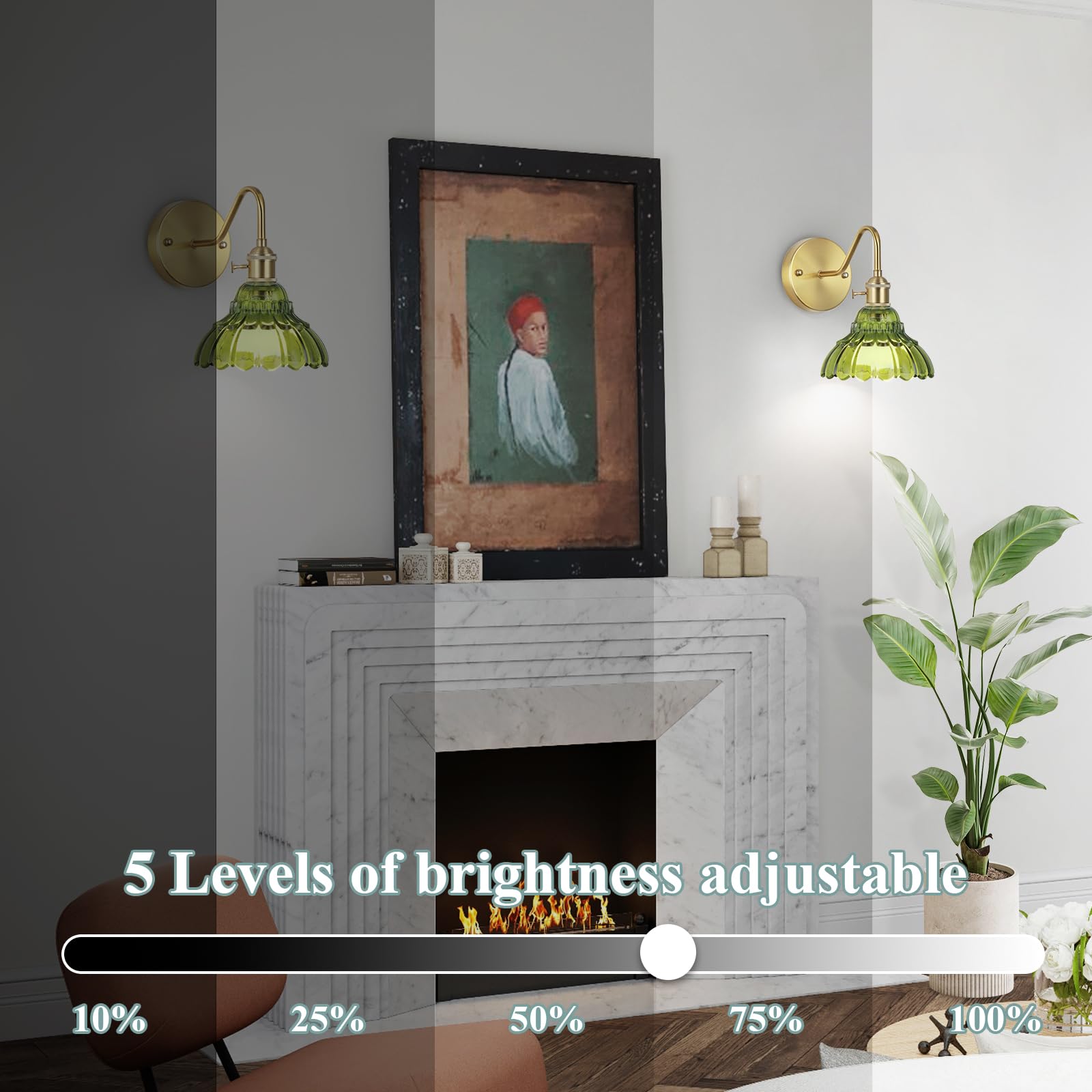 EIDEARAY Vintage Battery Operated Wall Sconces, Rechargeable Wireless RGB Lamps, Dimmable Remote, Brass Green Glass, Model WL-FBBL-DG