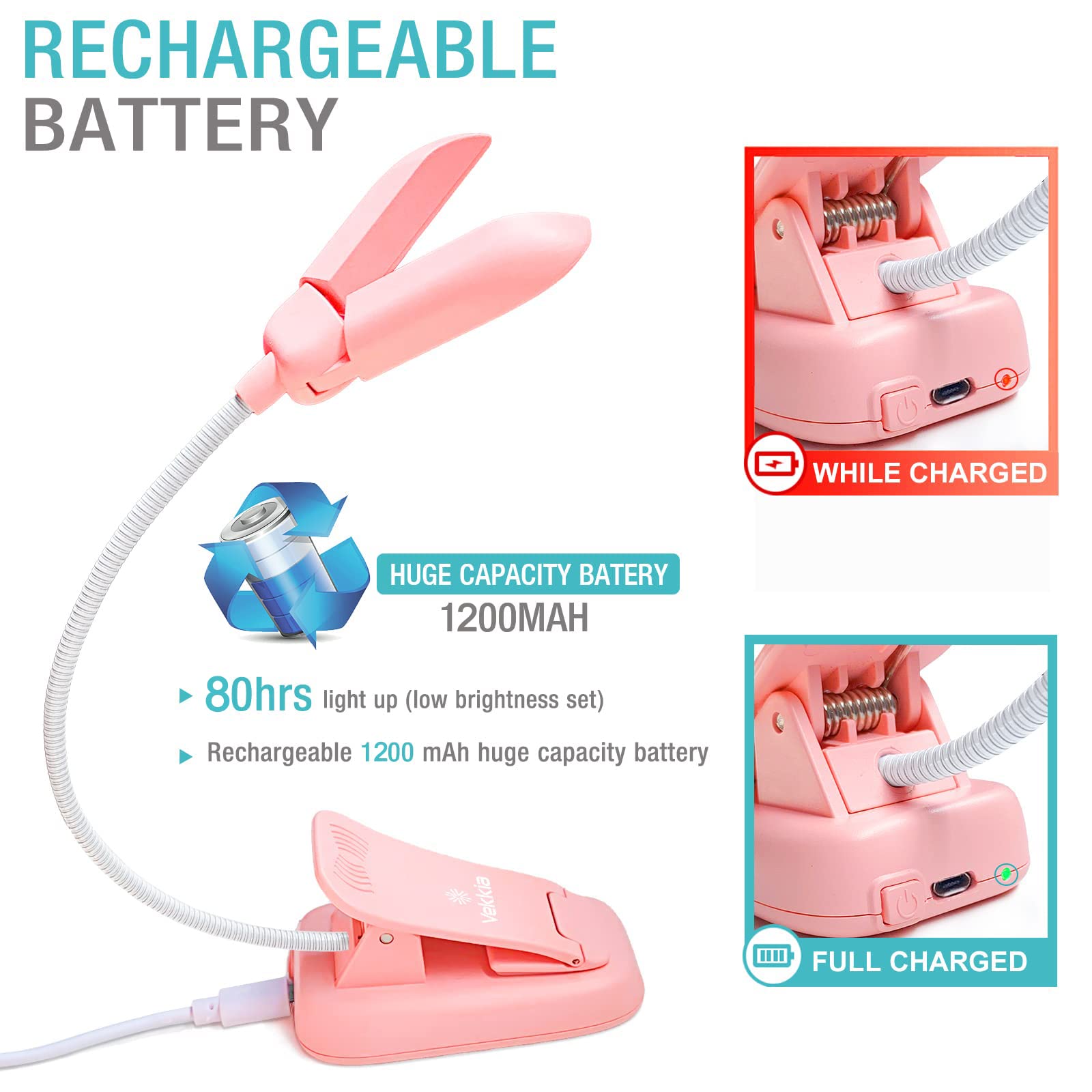 Vekkia 14 LED Rechargeable Book Light - Adjustable Warm/White Mini Clip-On, Lightweight Eye Care, Pink, Model BL-14