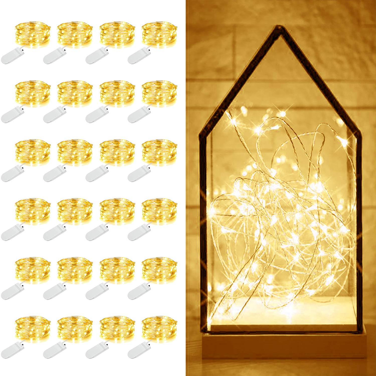 MUMUXI 24 Pack 7.2ft Fairy Lights, 20 LED String Lights, Waterproof Silver Wire, Warm White for Indoor Outdoor Use