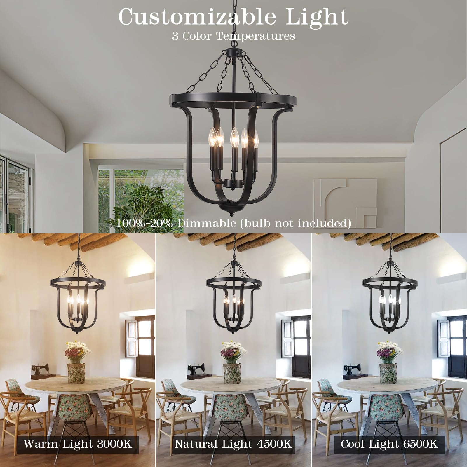 Black Farmhouse Chandelier 5 Lights,19    Industrial Lantern Entryway Light Fixture With Metal Cage Height Adjustable Rustic Han