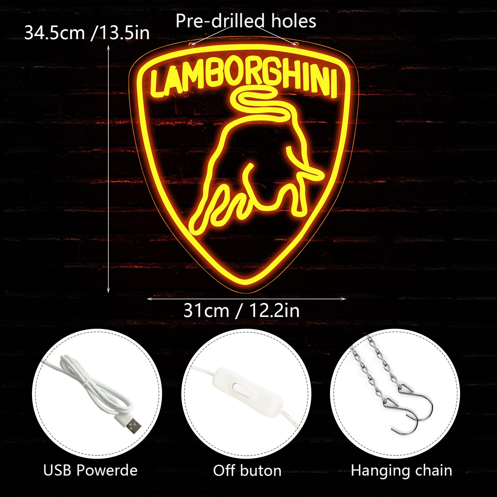 WonderfulLife Neon Car Logo Sign, LED Wall Decor for Garage, Bar, Man Cave, 5V USB Powered, Plastic, Model: Lamborghini, Color: Car02