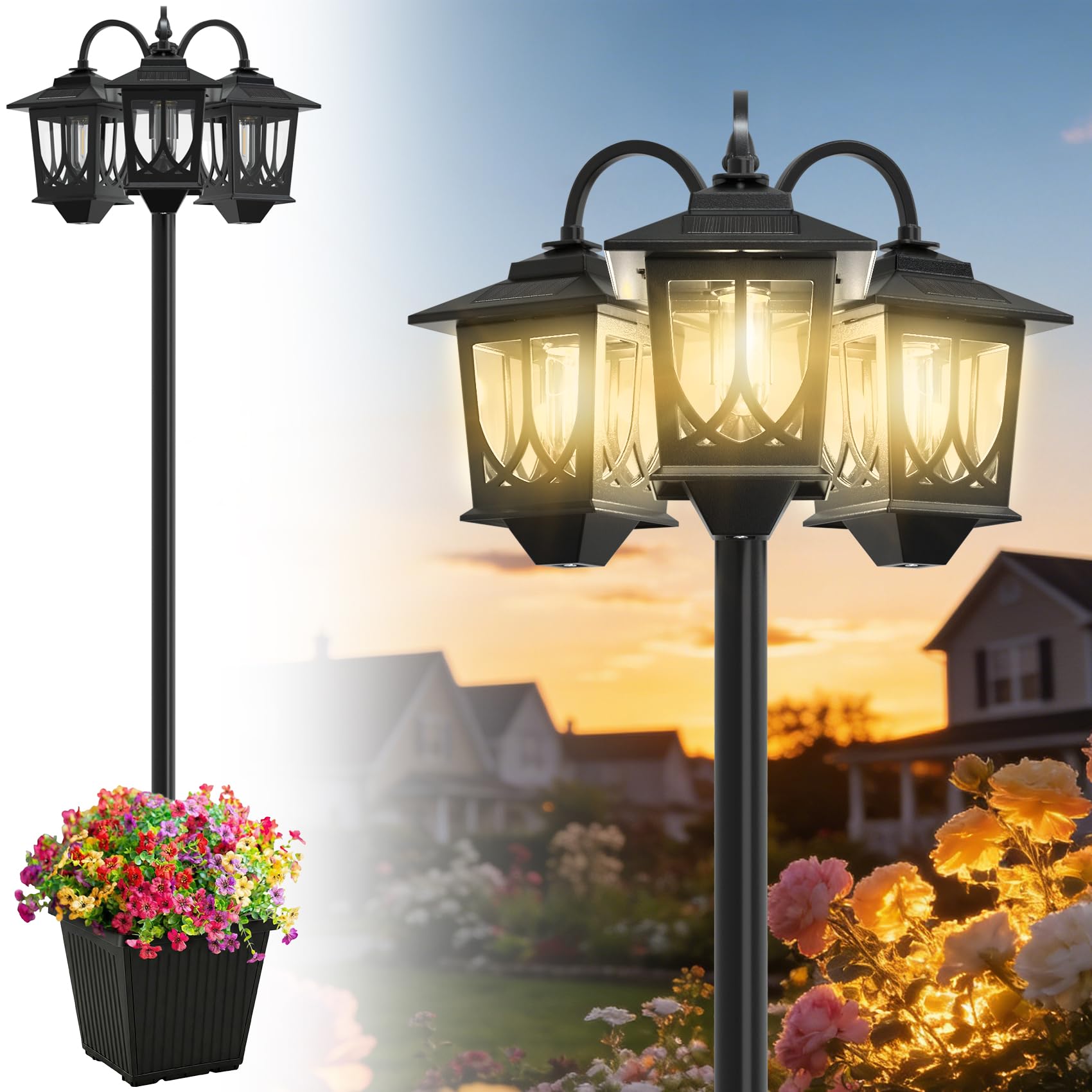 Joyoowild 3-Head Solar Lamp Post with Planter, 74 Solar Light Flower Pot Lamp Post, 60Lm Waterproof Solar Light Poles for Outsid