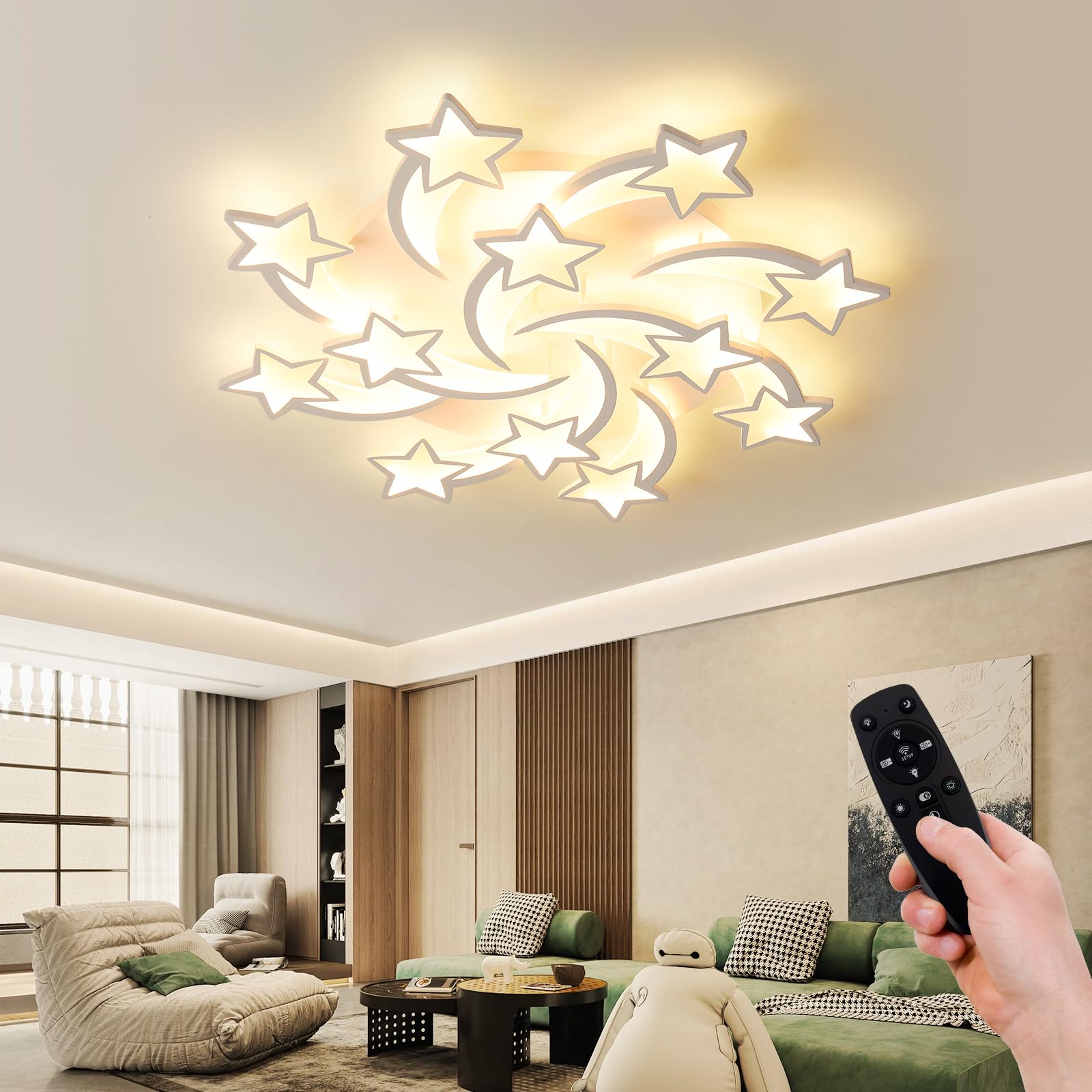 JAYMP Star Shaped Ceiling Light Dimmable LED Lamp 90cm Iron White/12 Stars Model 6105