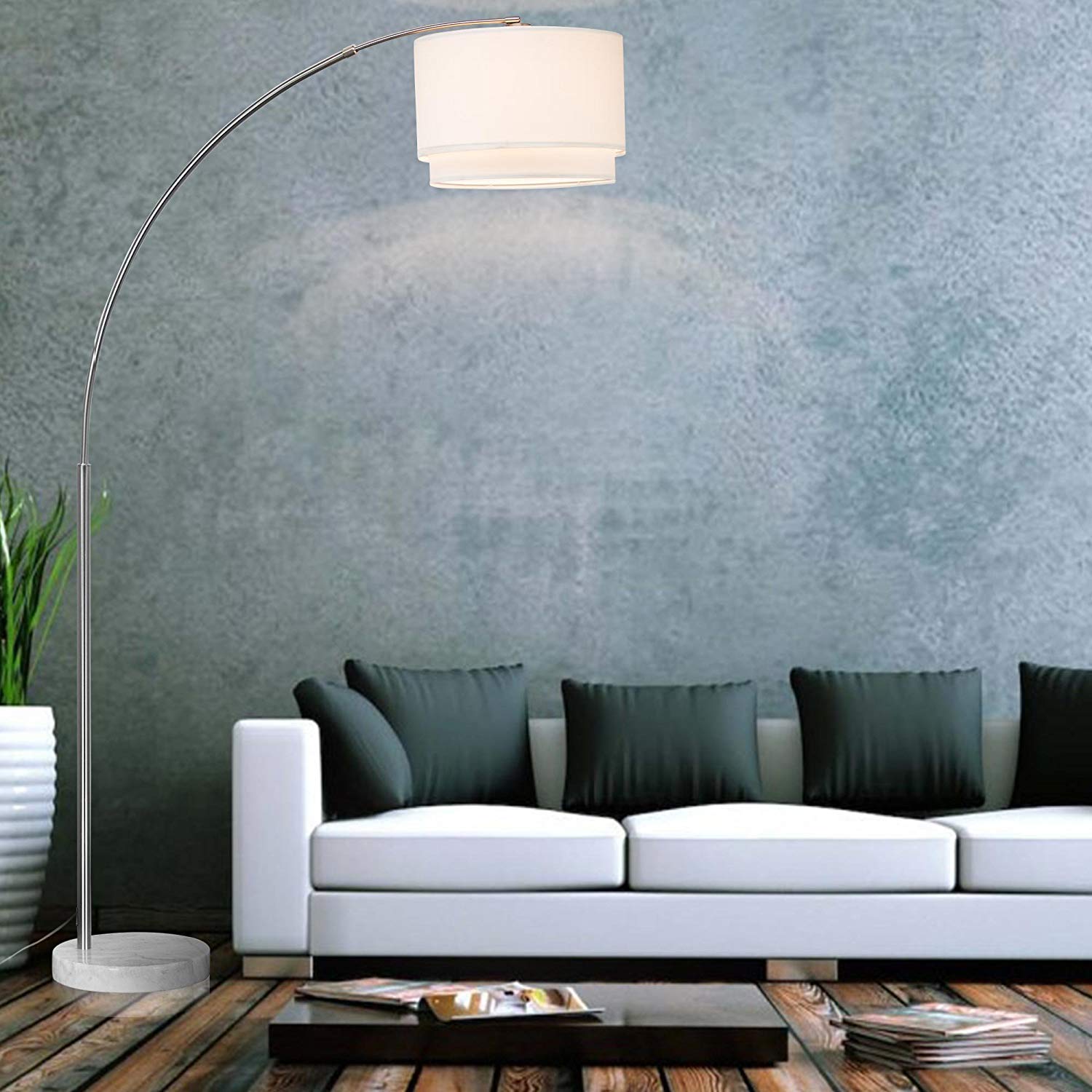 Major-Q 81" Arc Floor Lamp - X-Large White Drum Shade, Real Marble Base, Metal, Model SH-6938WH