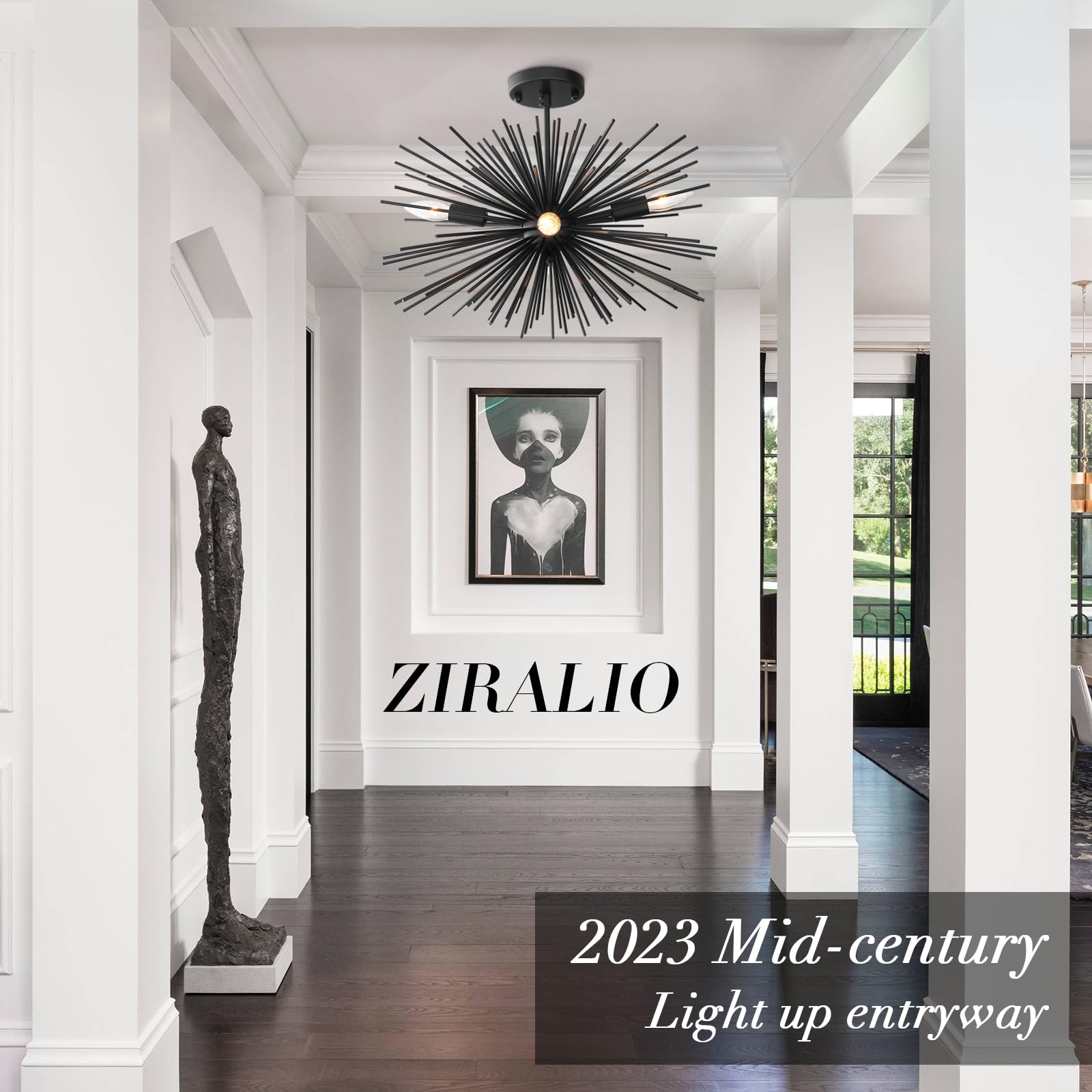 ZIRALIO Black Sputnik Chandelier, 4-Light Modern Metal Flush Mount, 19in for Dining Room, Kitchen, Entryway