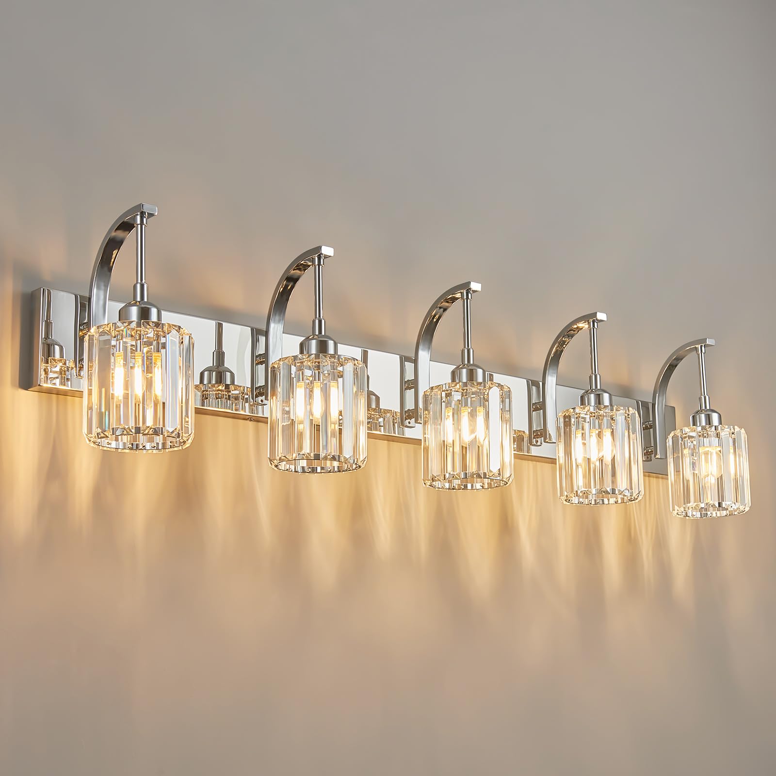 Fdpby 5-Light Crystal Vanity Light  Modern Chrome Bathroom Wall Sconce With K9 Crystal Shades  42.51 Long Over Mirror Lighting For Vanity  Makeup  Hallway  Elegant & Easy Installation