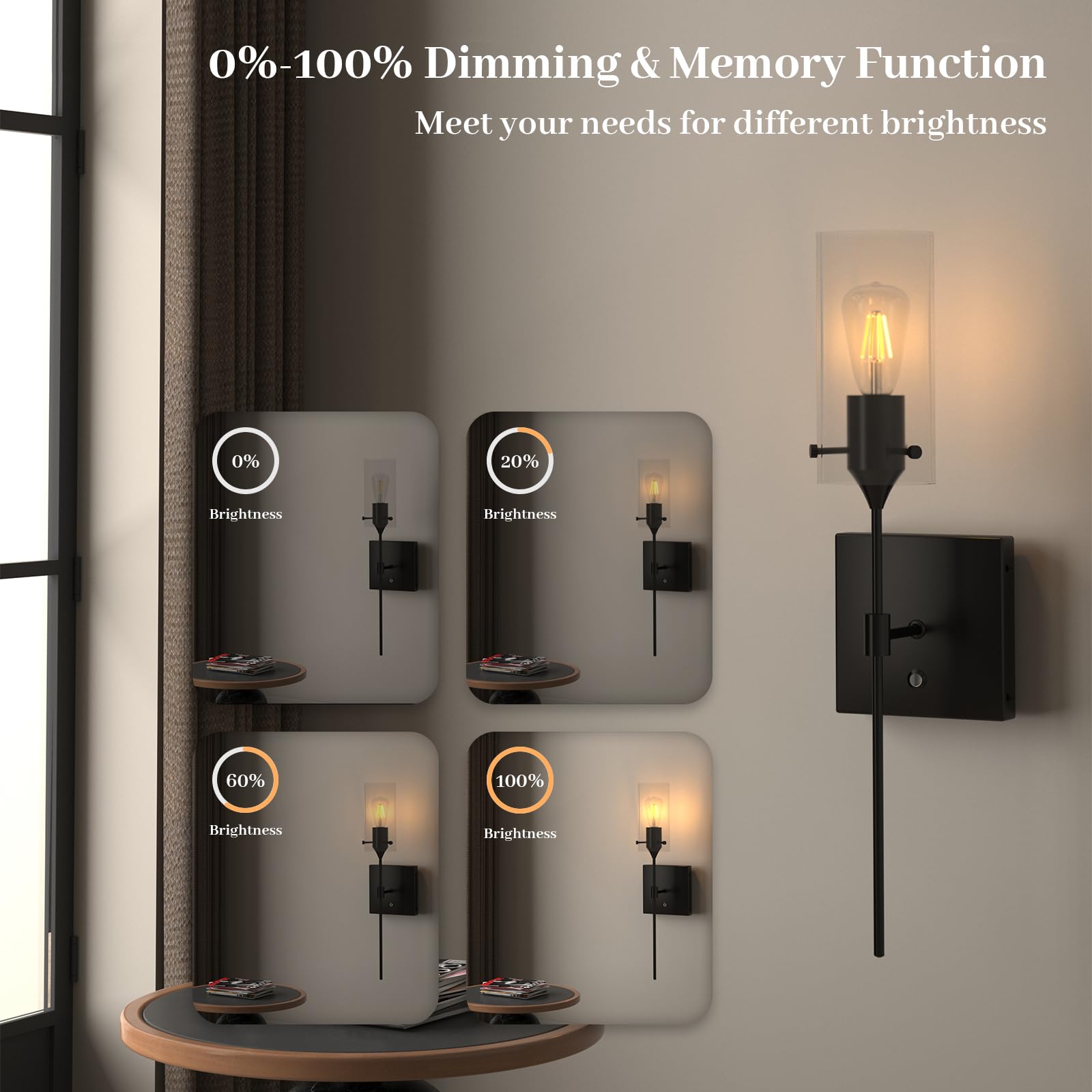 ThyFenno Battery Operated Wall Sconce Set of 2, Dimmable, Remote Control, Black, Metal, Model TF-1T T1L