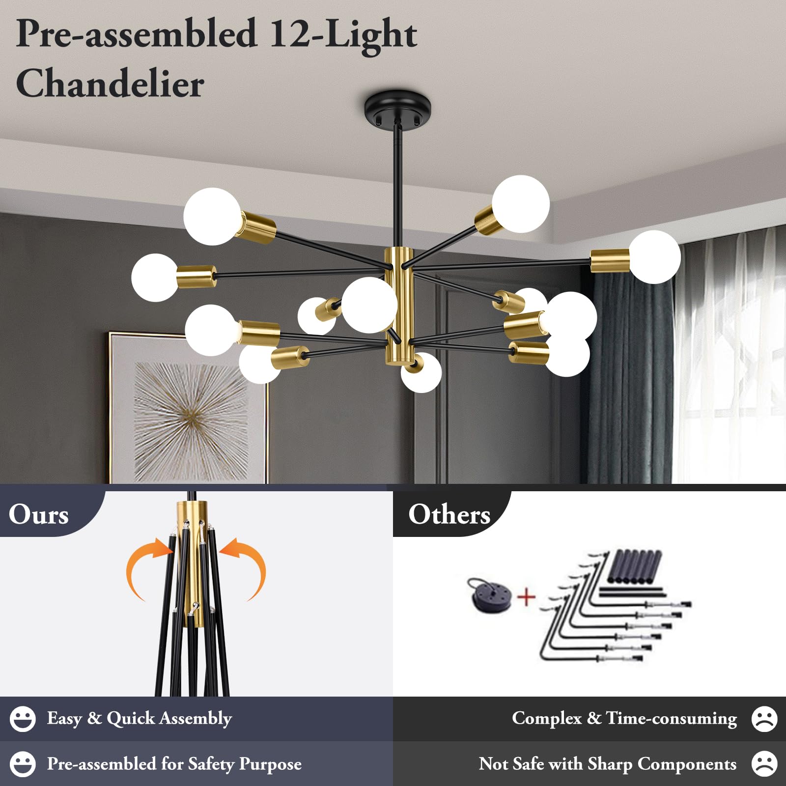 Beslowe 12-Light Modern Sputnik Chandelier, Mid Century Black & Gold Chandeliers Lighting, Farmhouse Ceiling Hanging Light Fixtu