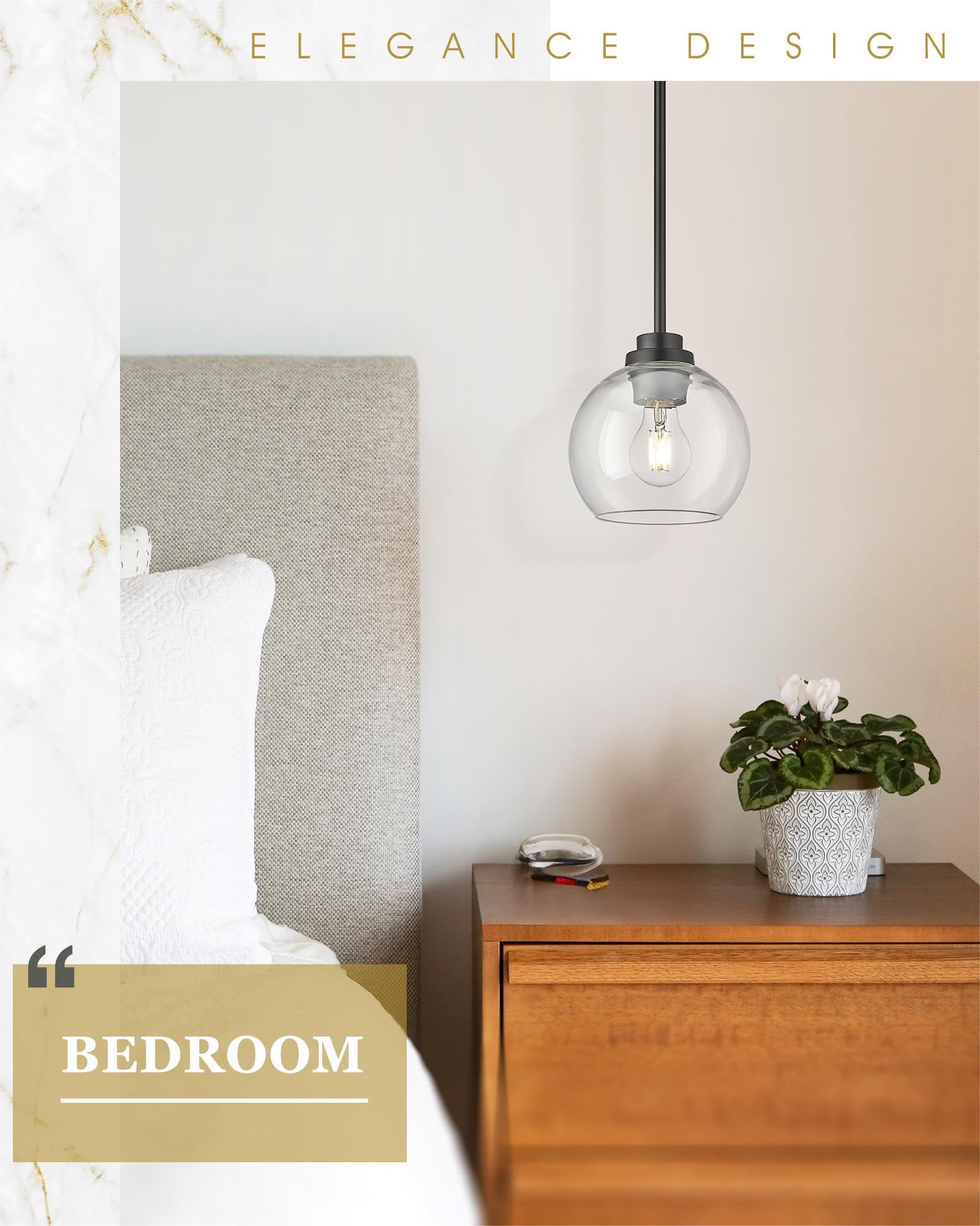 Audickic Pendant Lights Kitchen Island, 7&quot; Modern Black Hanging Lights Fixtures With Clear Glass Globe Shade, Kitchen Island Lighting For Bathroom, Ad-22280-1P-Bk-C