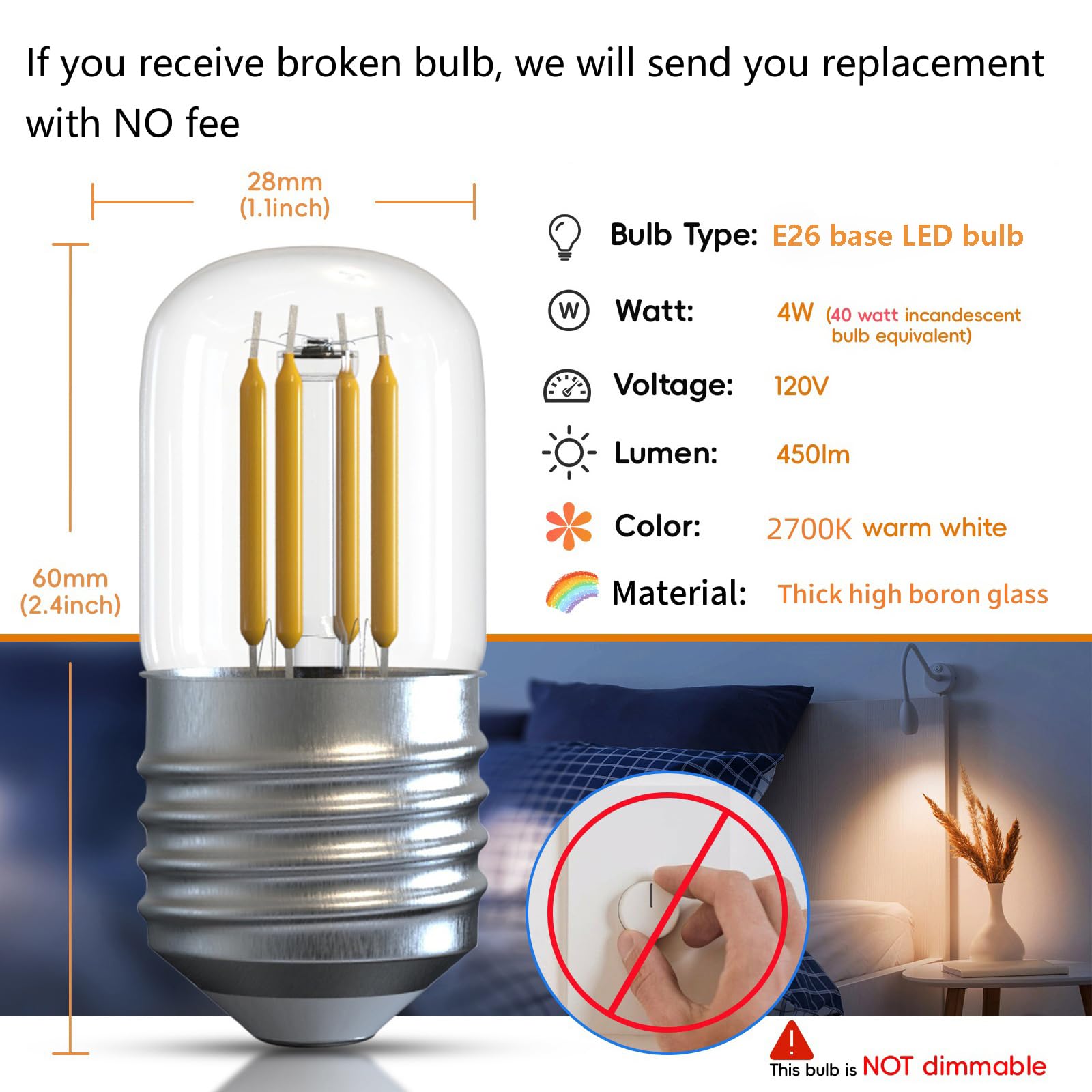 Jensense Led Refrigerator Light Bulb 40W Equivalent Fridge Light Bulb Kei D34L Refrigerator Bulb 5304511738 4W Appliance Bulb E2