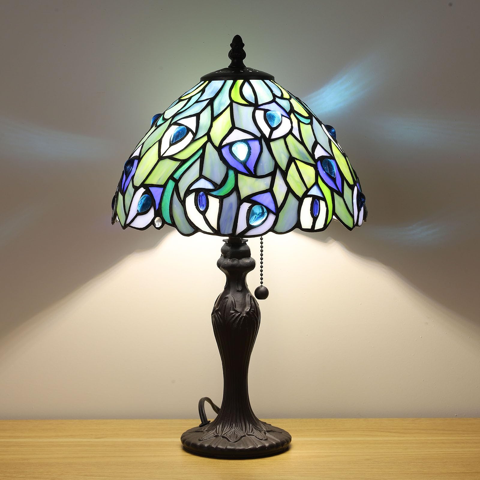 FUMAT Tiffany Table Lamp for Living Room Blue Phoenix Tail Stained Glass Table Lamps for Bedroom Hand-Made 3 Color Temperature B