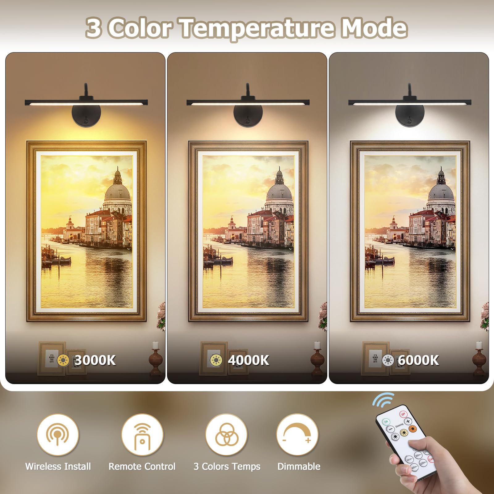 Picture Lights For Wall - Wireless Rechargeable Led Light With Remote  Adjustable Arm  Gold Battery Operated Display Lighting For discomfort-reducingtings  Bedroom  Gallery Wall D?Cor (Black  12.6 Inch - 1Pack)