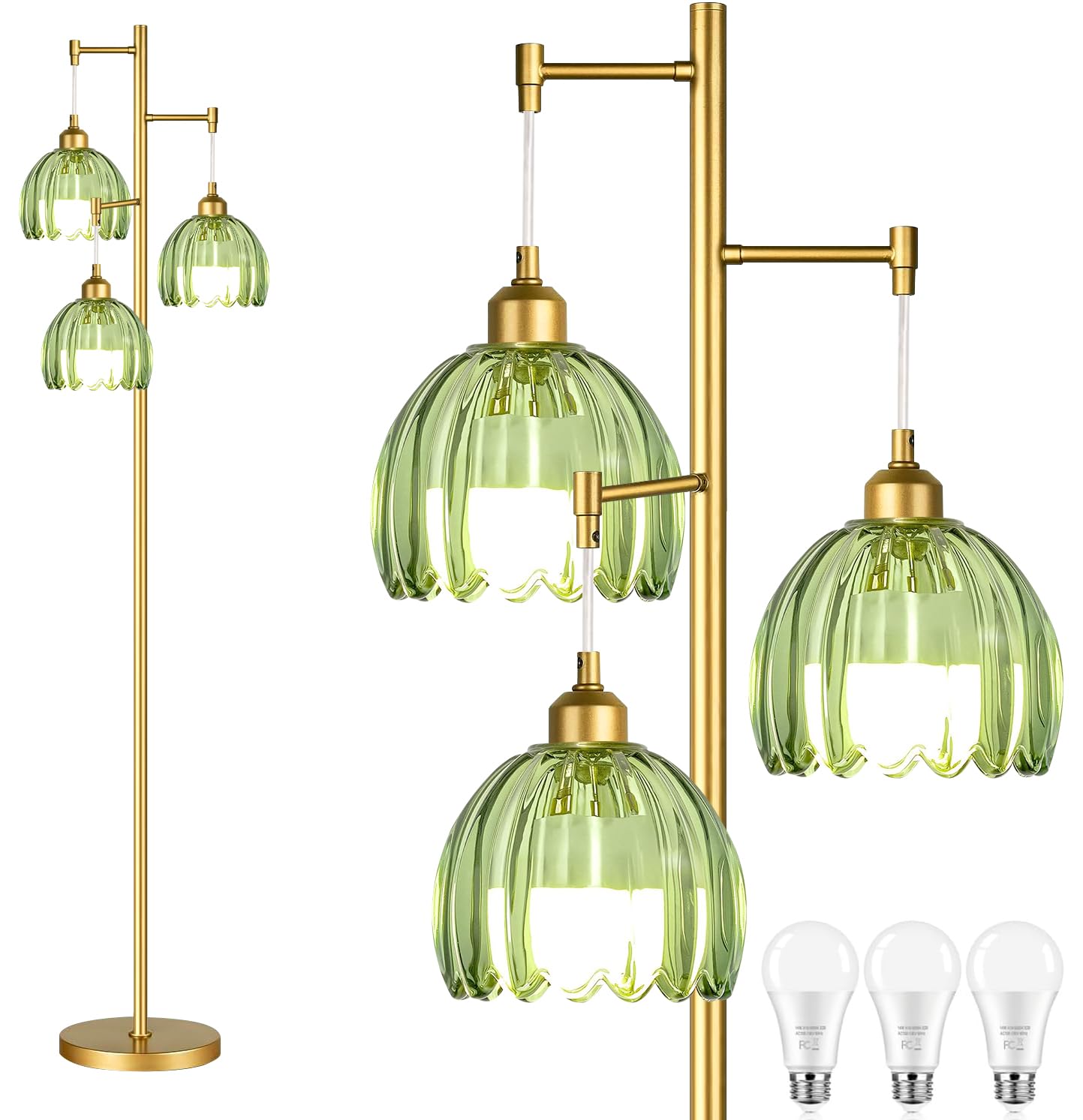 Illmtw Glass Floor Lamp For Living Room,Bedroom,Gold Mid Century Modern Standing Lamp Brass Tree 3 Light Tall Floor Lamps Vintag
