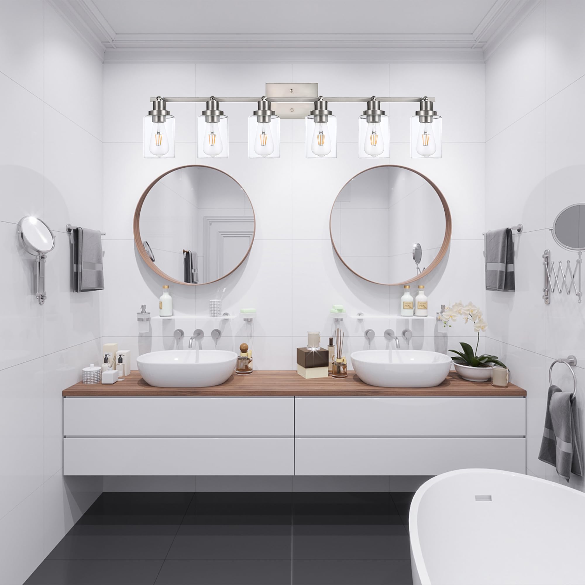 Wanluce 6-Light Track Lighting Kit, Brushed Nickel, Iron, Model 16450SP-6SN, Clear Glass, Rotatable Spotlight for Kitchen and Bathroom