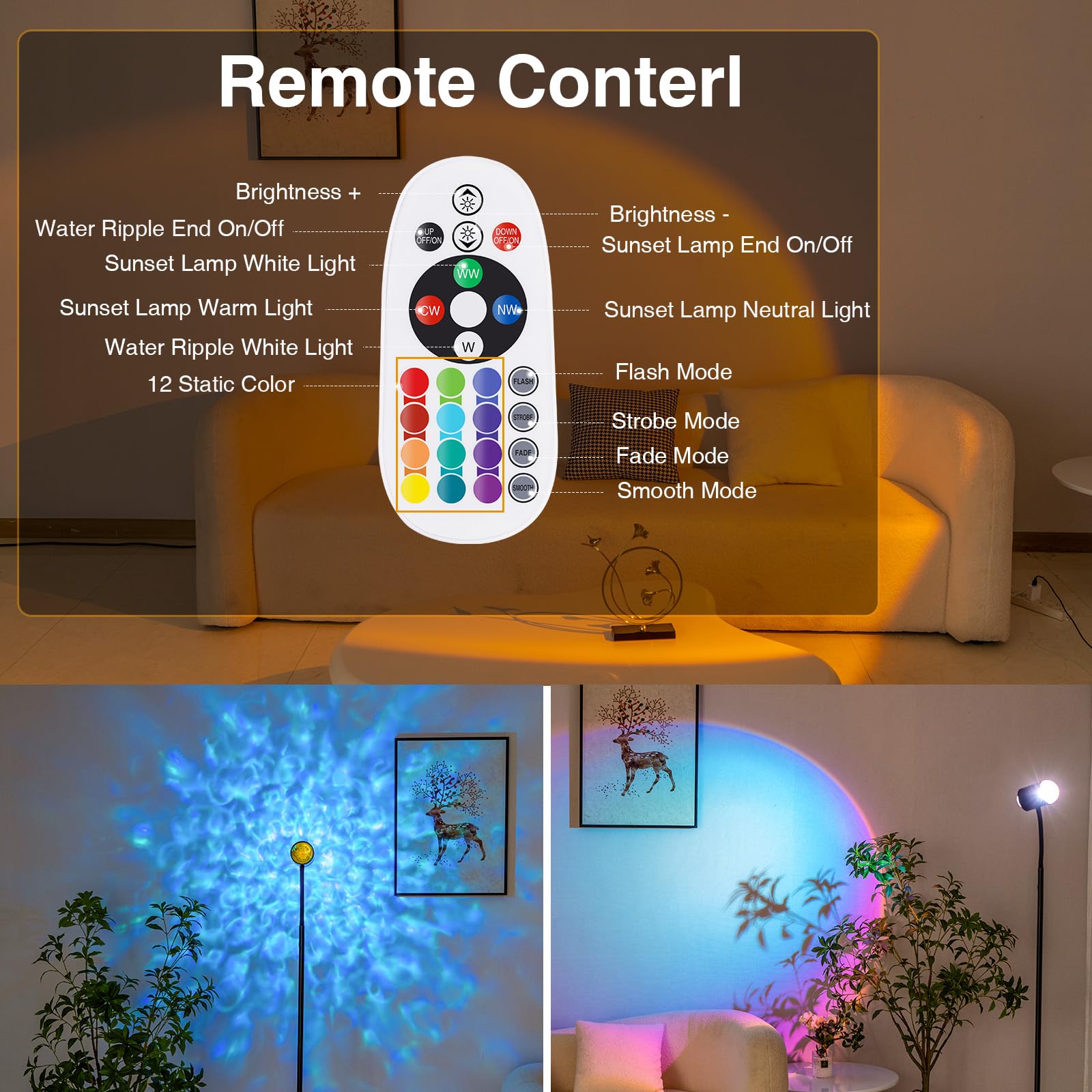 Sunset Lamp Projector With 3D Ocean Wave, 12 Colors Changing & Four Mode With Usb Port, Rgb Floor Lamp Double Side Lighting With