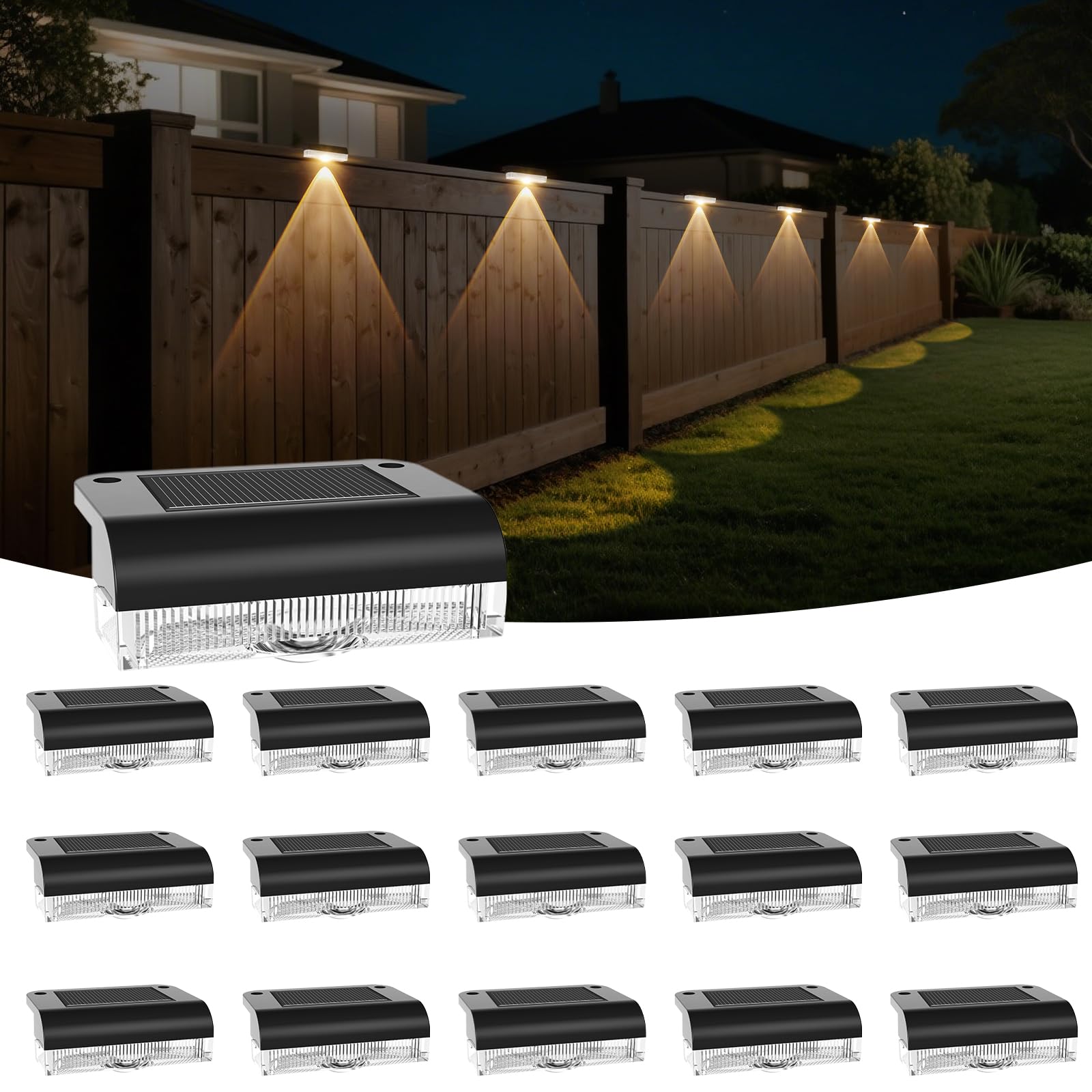 AGOTD Solar Fence Lights Outdoor, 16 Pack Fence Light Solar Powered, Deck Lights Waterproof Led for Garden, Backyard, Patio, Pat