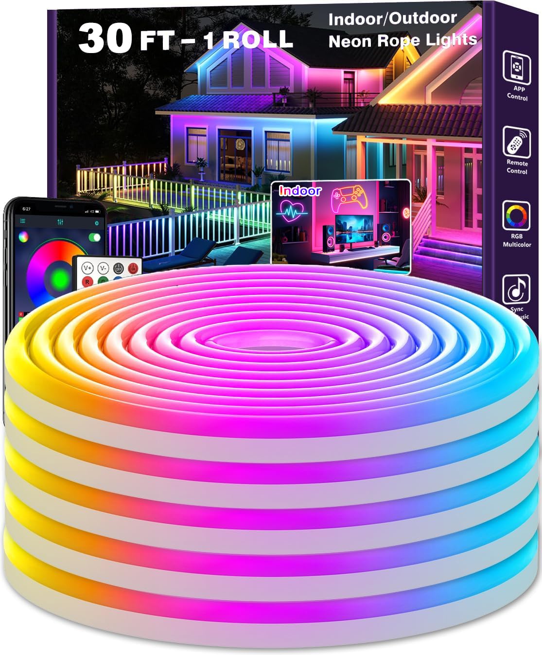 EJs SUPER CAR 200ft RGB LED Strip Lights, Bluetooth Control, 28 Modes, Multicolor, 3 Rolls of 65.6ft