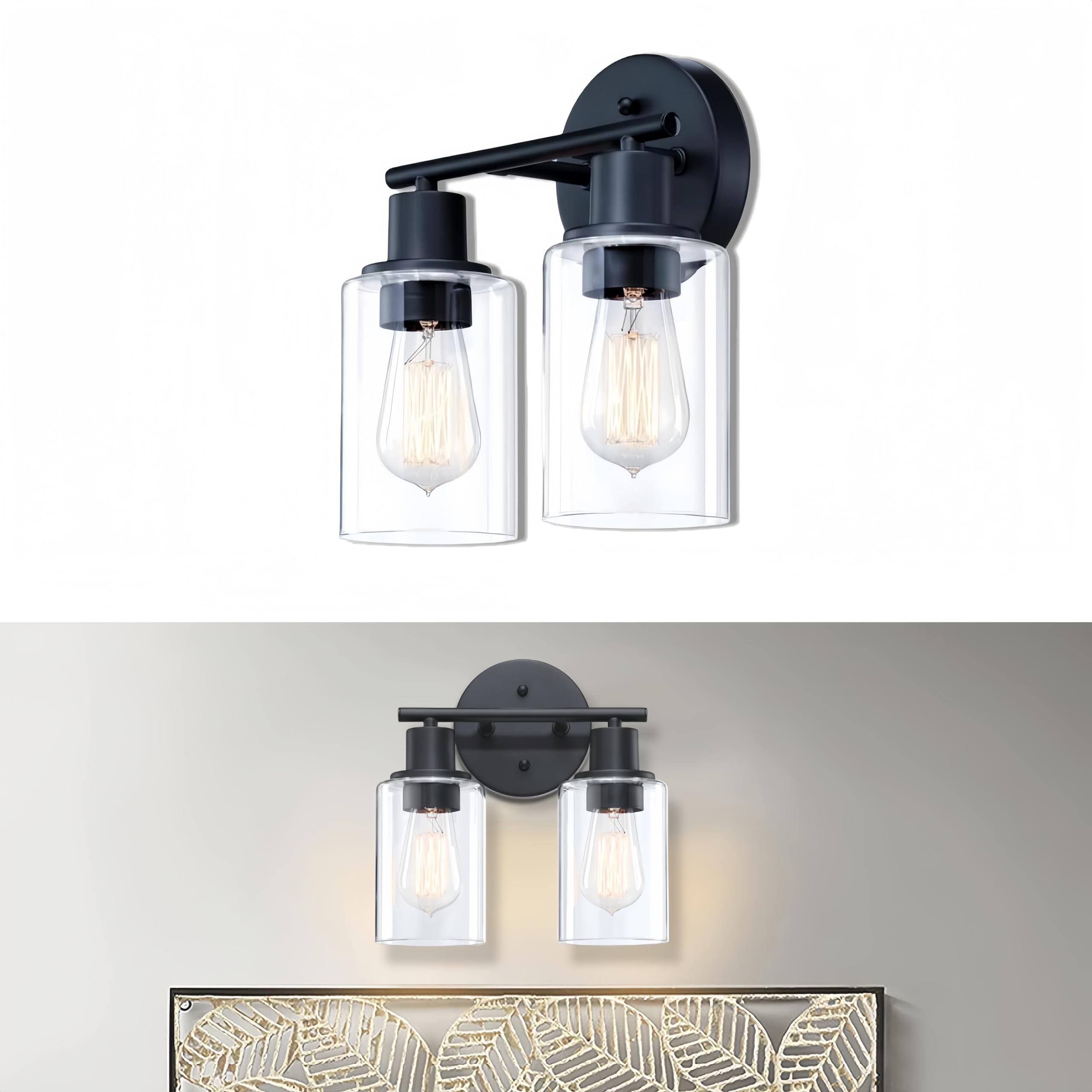 WISBEAM 2-Light Bathroom Vanity Light, Black, Glass Shade, Model WS-VNT003