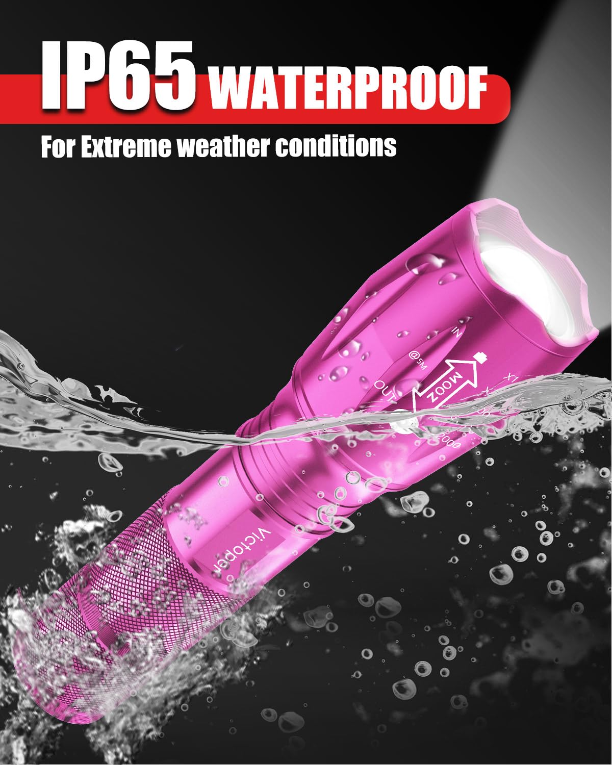 Victoper LED Flashlight 2 Pack, High Lumens, 5 Modes, Waterproof, Pink, Model VT-FLV1000-2P-Pink