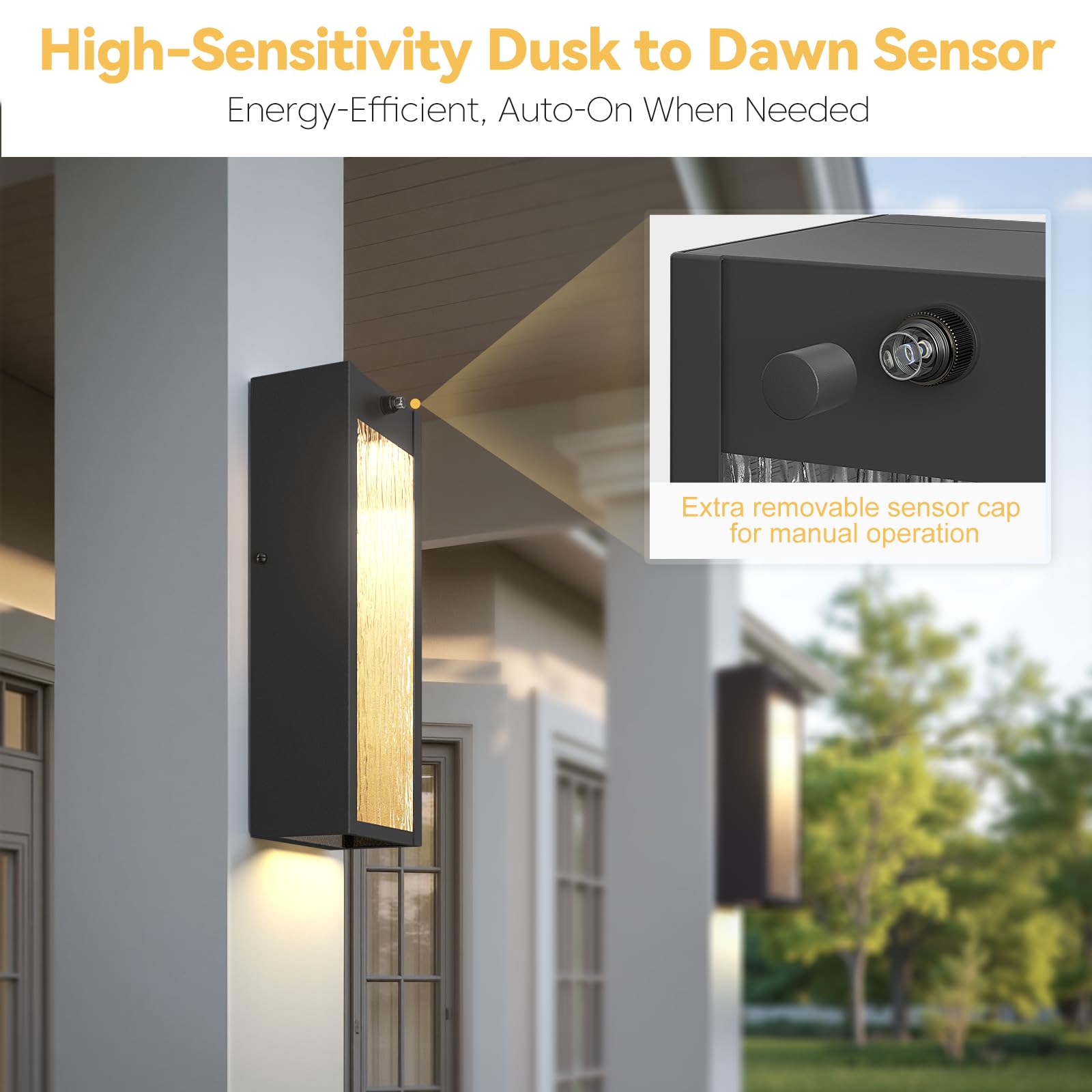 SIAFAVOI Dusk to Dawn LED Outdoor Wall Light, 15in, Black Metal, Waterproof, Modern Design, 2 Pack