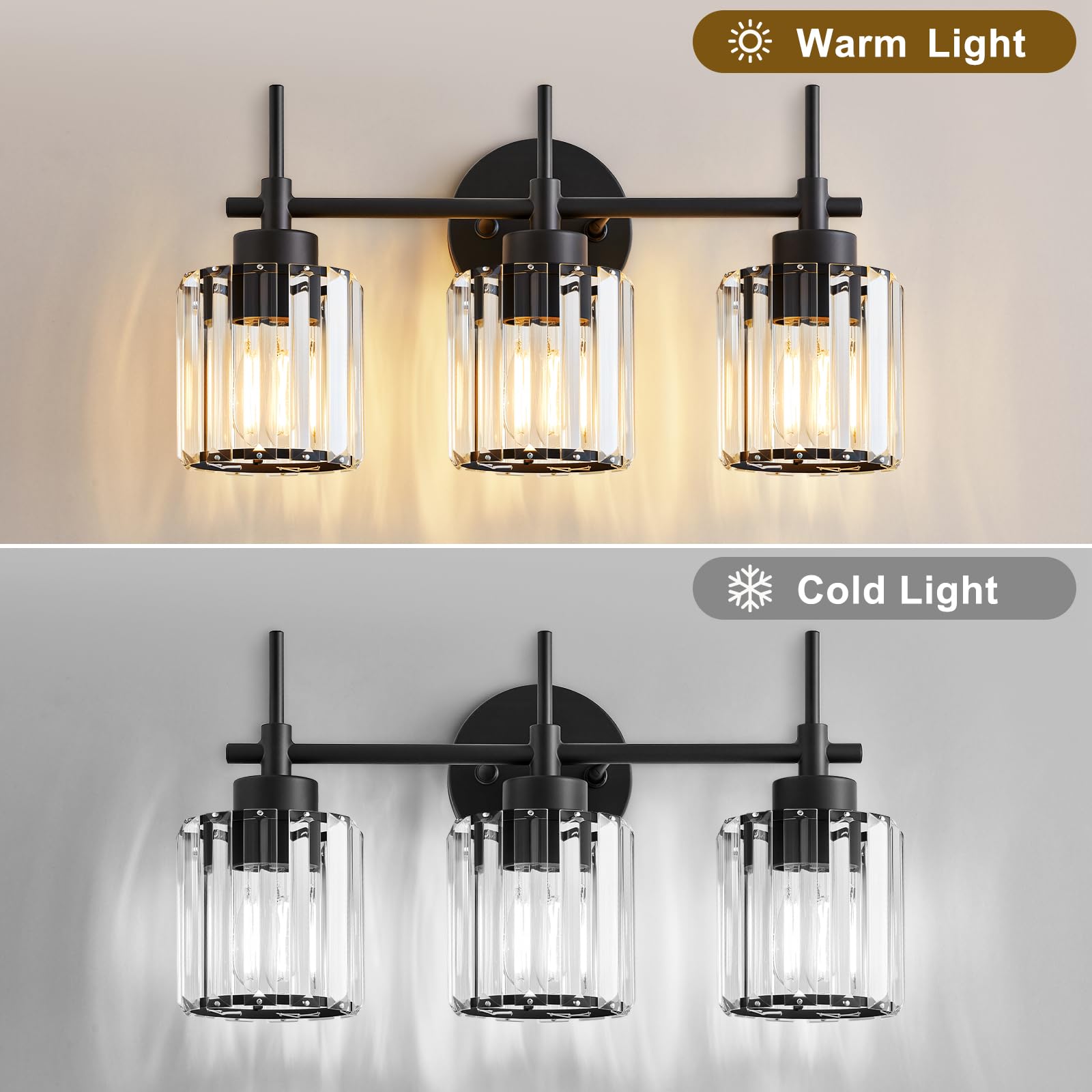 EJIAXIN 3 Light Black Crystal Vanity Light Fixture, Modern Wall Sconce for Bathroom and Bedroom, Metal, Model 7003