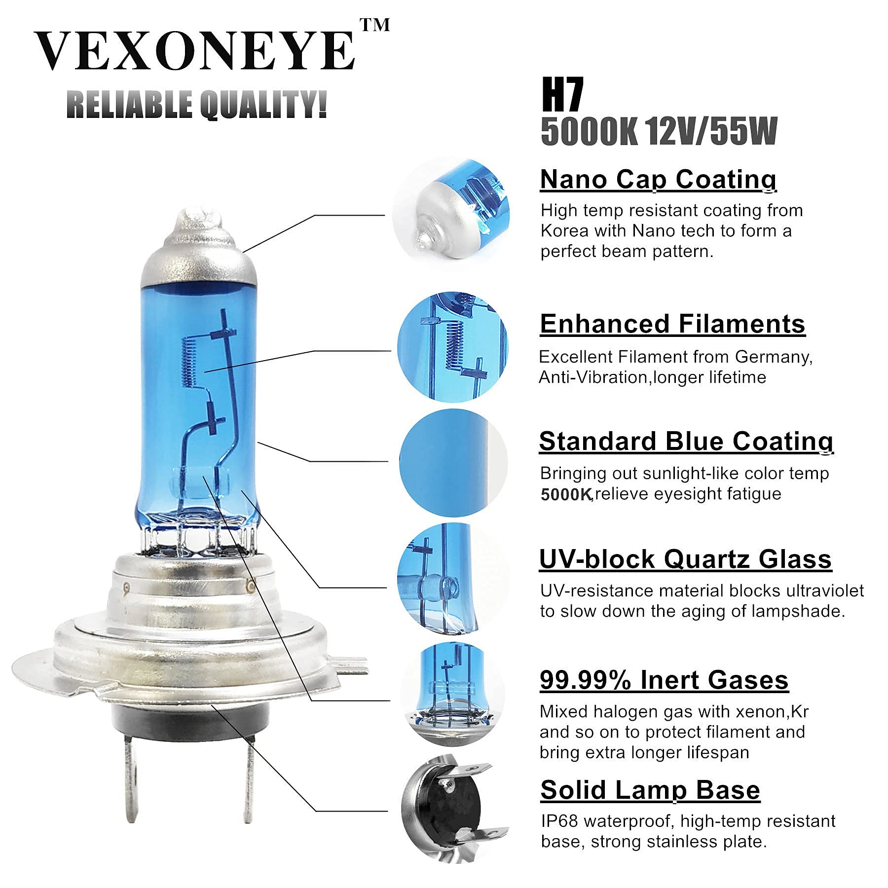 Vexoneye 4 Pack H7 Halogen Headlight Bulb 12V 55W White 5000K Fog Light Bulbs 12972 64210 Super Bright Headlamp