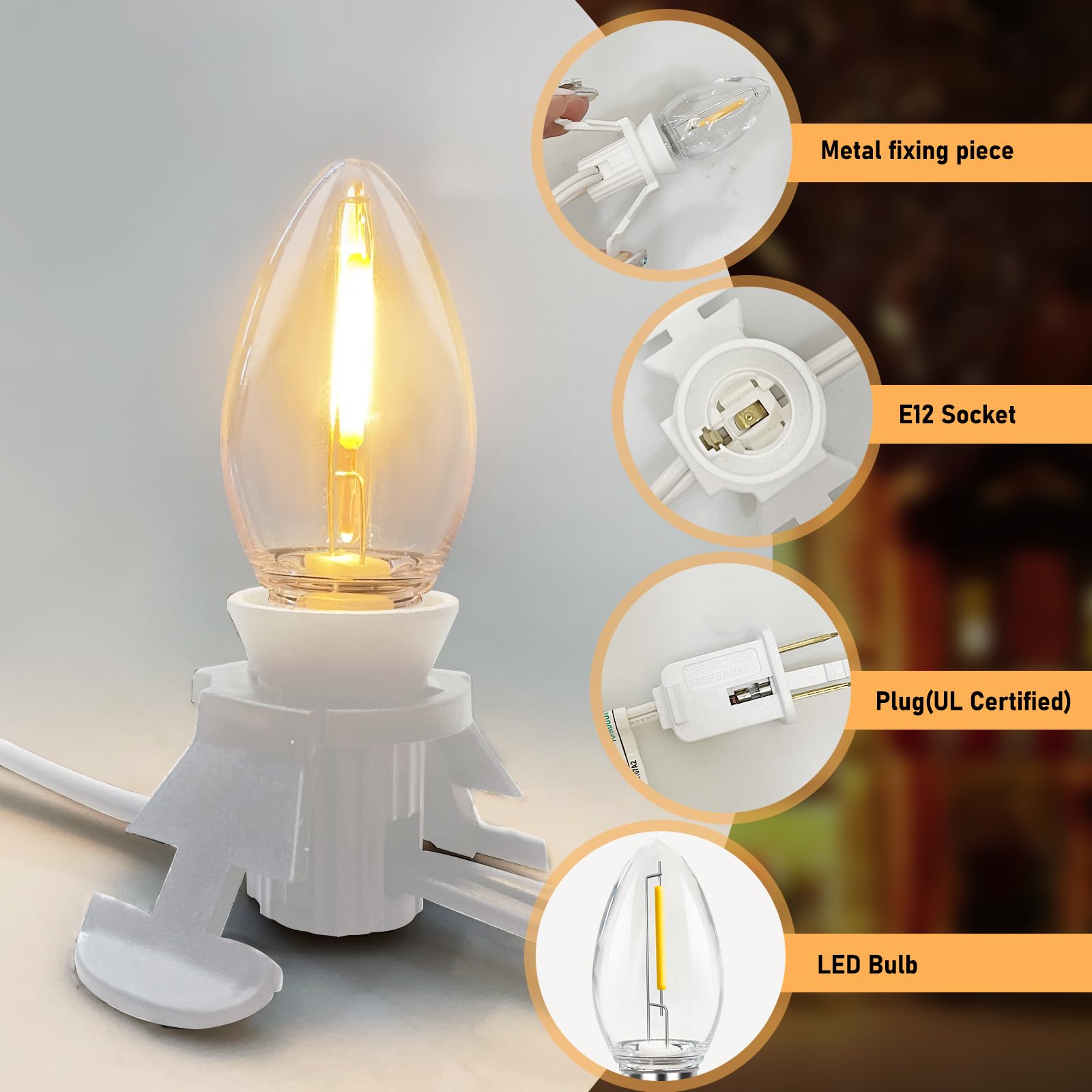 Doratale C7 LED Night Lights - 15.5 Ft Warm White Accessory Cord with Clip, Plastic, White Wire for Indoor Crafts and Holiday Decor