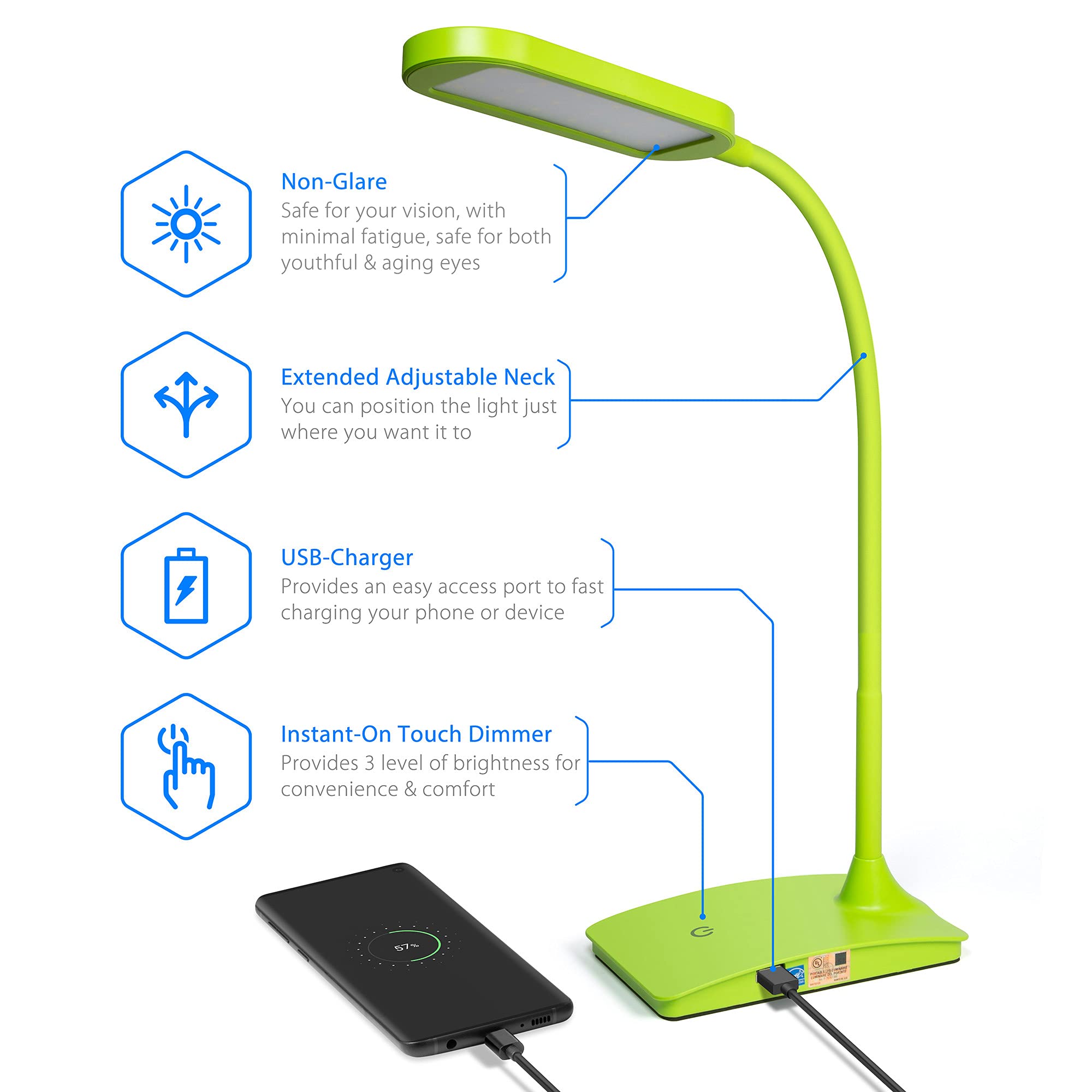 TW Lighting Green Desk Lamp - Super Bright LED with USB Charging Port, Model IVY20-40GR