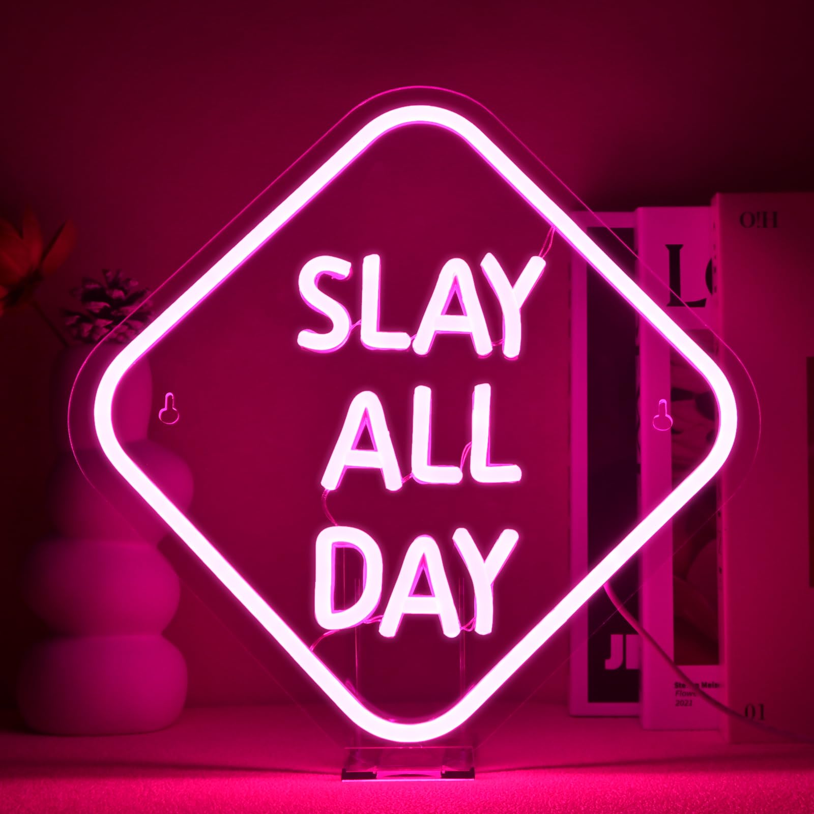 FAXFSIGN LED Neon Sign - Slay All Day Pink Light for Wall Decor, 12.6inx12.6in, Colorful, Model HZ-WX-NL-6261