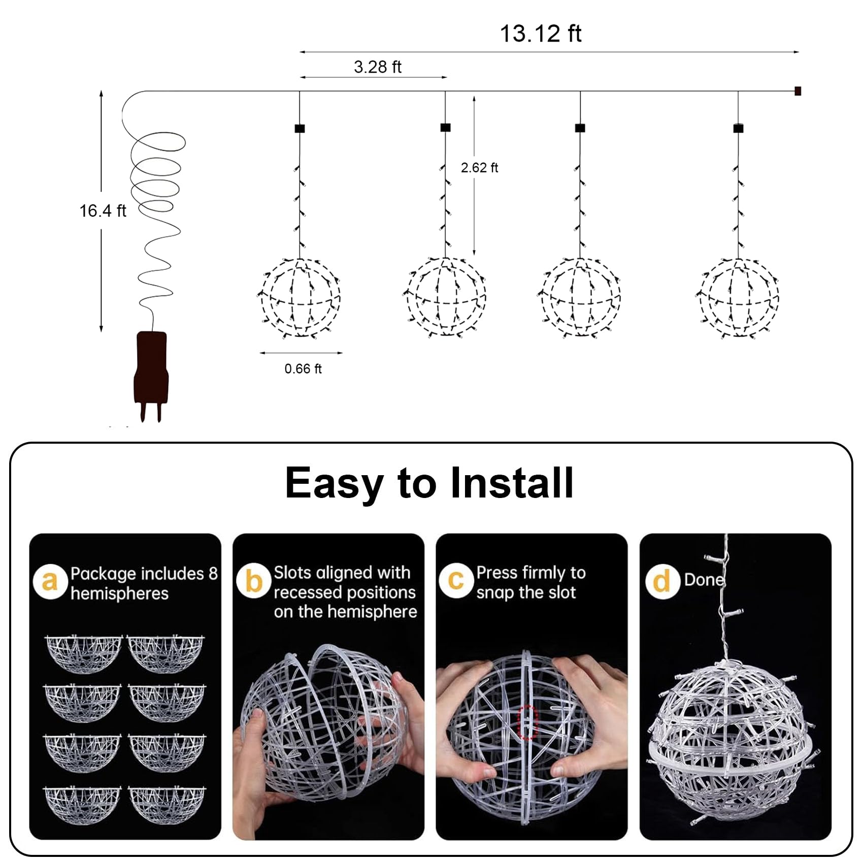 Baung Christmas String Lights Outdoors,4 Pack 7.98&quot; Sphere Lights,Ball Tree Garden Globe Lights For Home, Party, Christmas, Porch Patio,Wedding, Garden,Tree Decoration With Plug