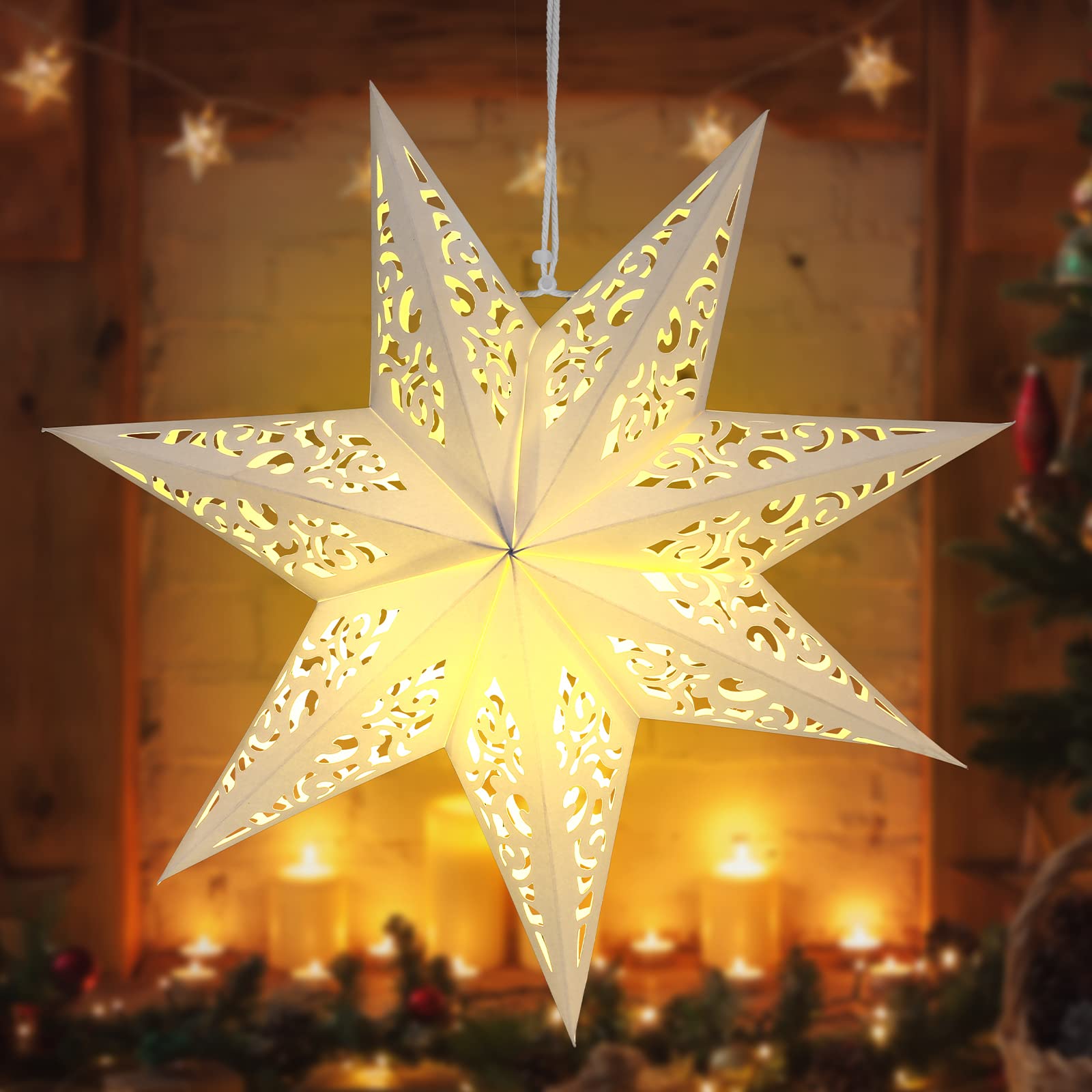 Kingdder Star Paper Lanterns Paper Lampshade with LED Light Paper Lantern Moroccan Paper Stars 7 Pointed White Hollow out Party 