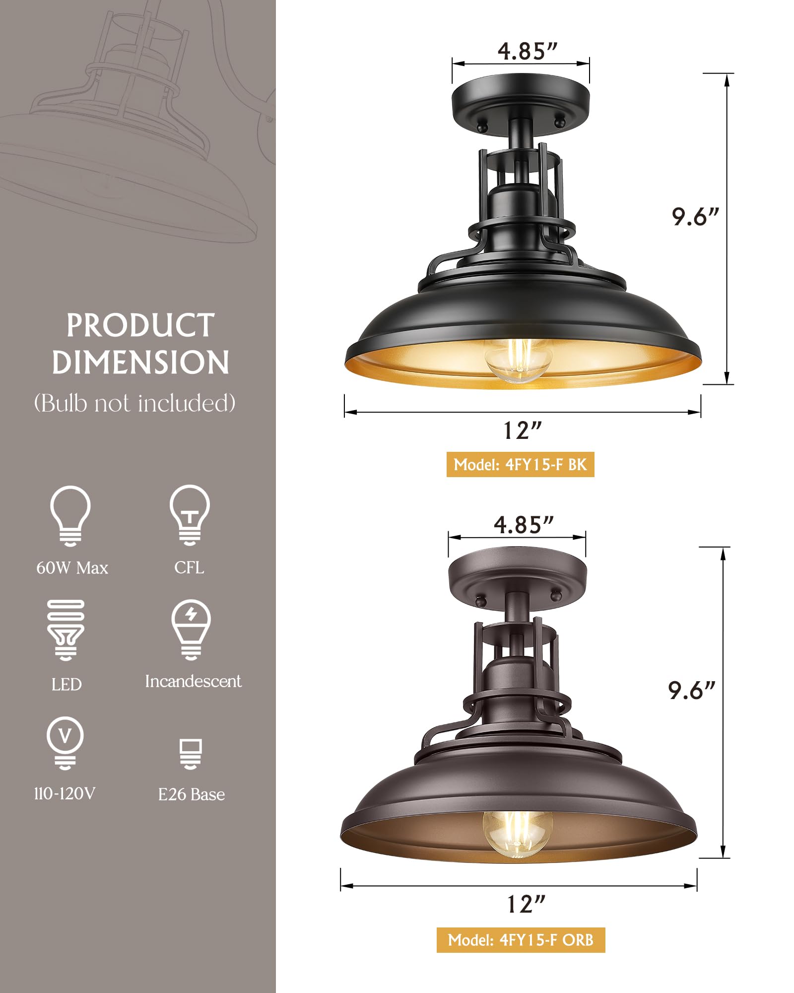 Femila Industrial Semi Flush Mount Ceiling Light  12 Farmhouse Front Porch Ceiling Lighting Fixture  2 Pack Outdoor Flush Mount Porch Light For Entryway  Hallway  Kitchen  4Fy15-F-2Pk Bk-1