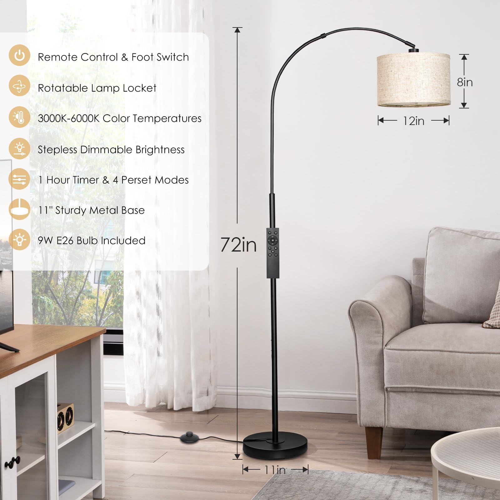 Qingmiao Arc Floor Lamp, Modern Dimmable Standing Lamp With Remote, Black Metal Shade, Foot Switch, Ideal For Living Room Or Bedroom