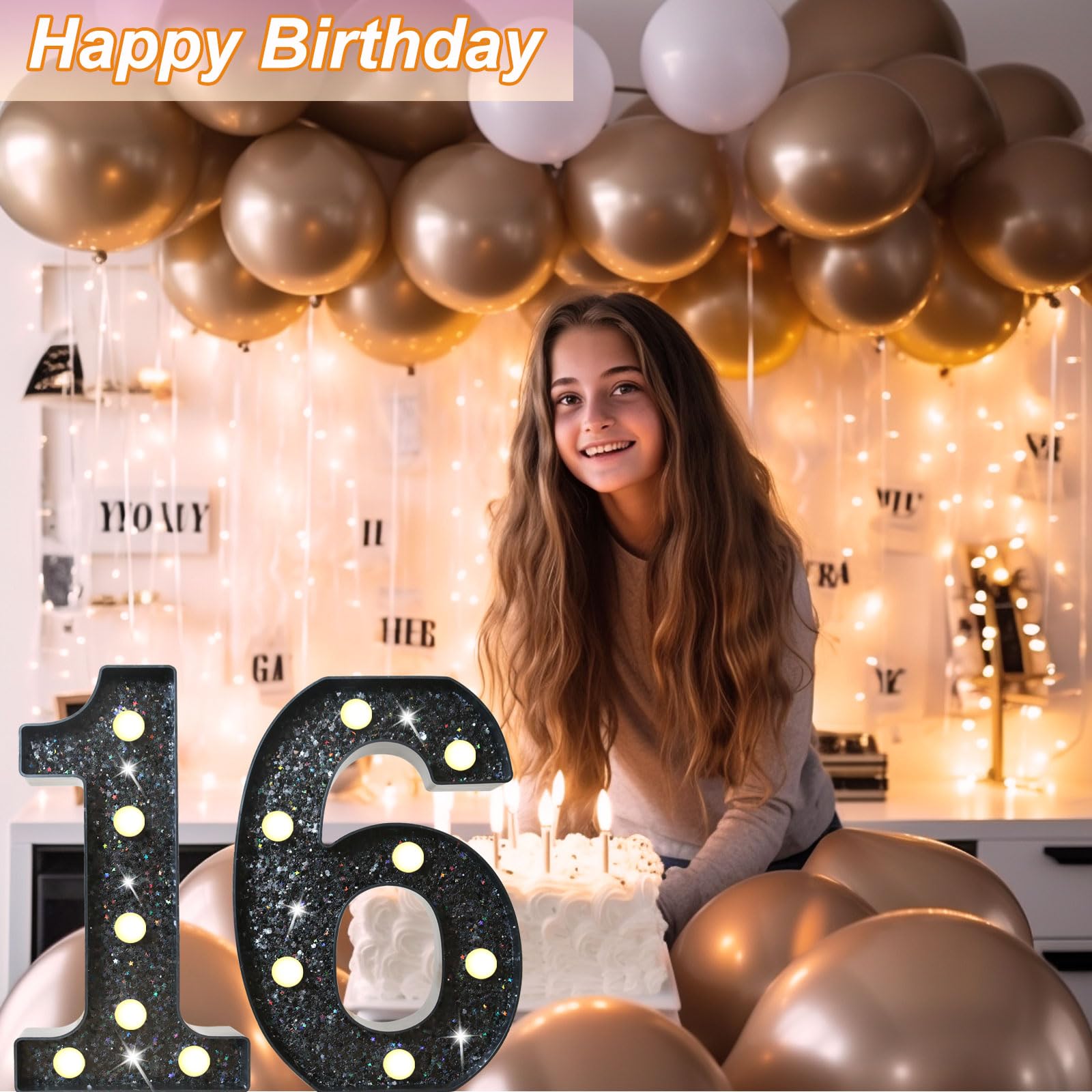 8.8 Decorative Led Light Up Numbers  Glitter Marquee Numbers Lights For 16Th Birthday Decorations  Shiny Lighted Number Sign For Birthday Party Wedding Anniversary Home Decor  Glitter Black 16